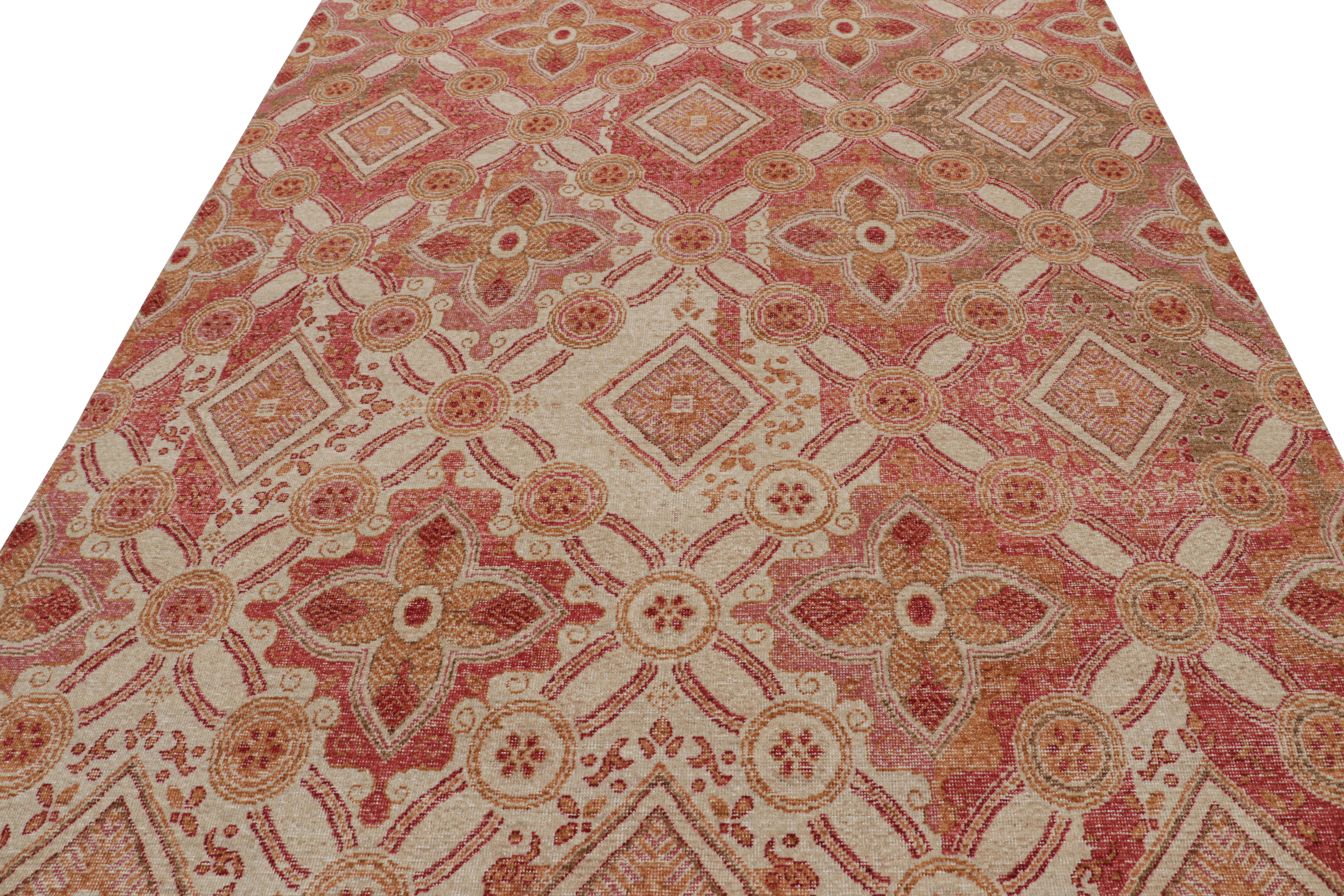 Modern Rug & Kilim’s Distressed Style Rug in Red, Beige and Gold Geometric Patterns For Sale
