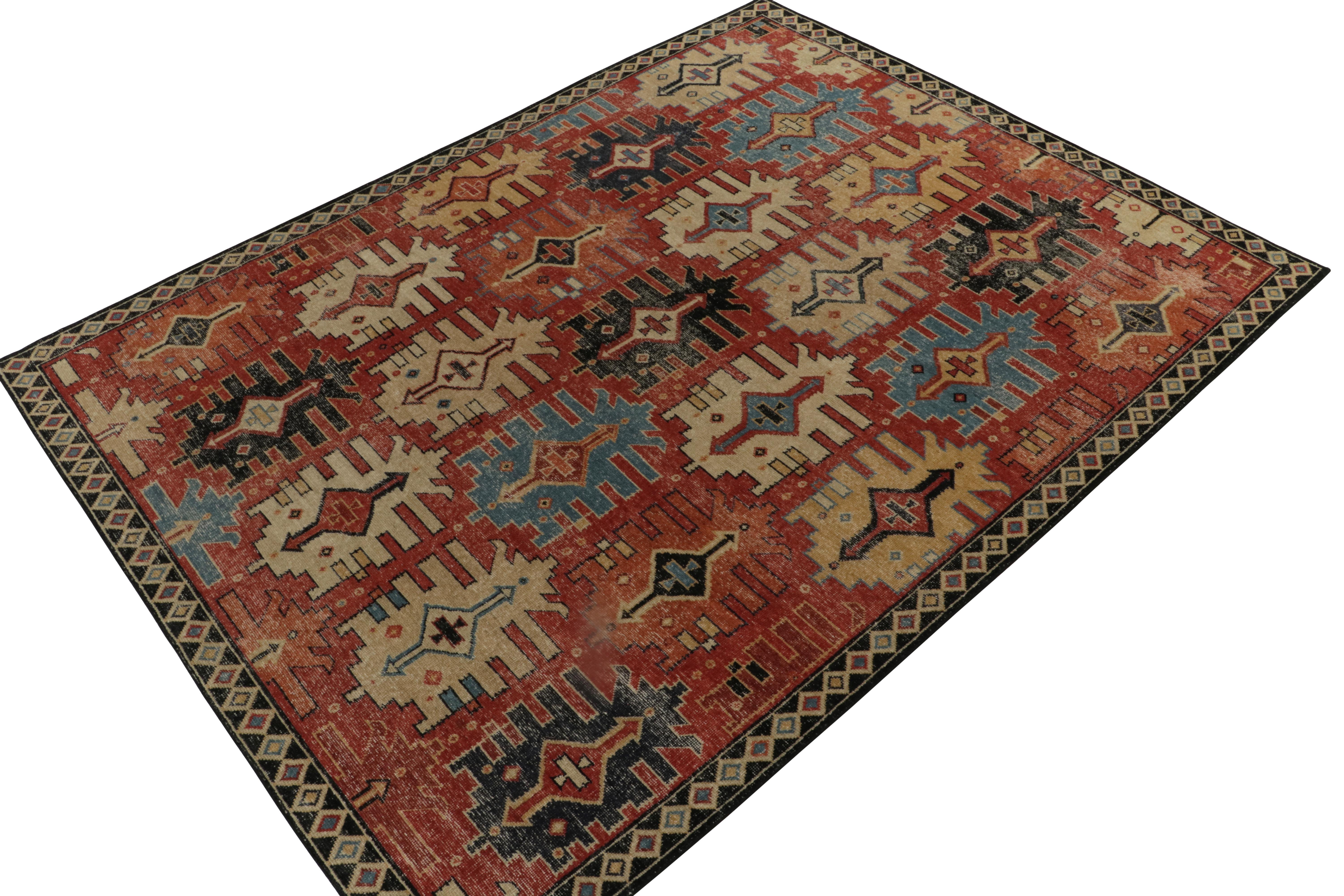 From Rug & Kilim’s Homage Collection, this 9x12 hand-knotted wool rug recaptures the brilliant look of 19th-century caucasian Shirvan provenance. 

The beautiful rustic play of rust red and beige with blue, black and other bold hues enjoys a natural
