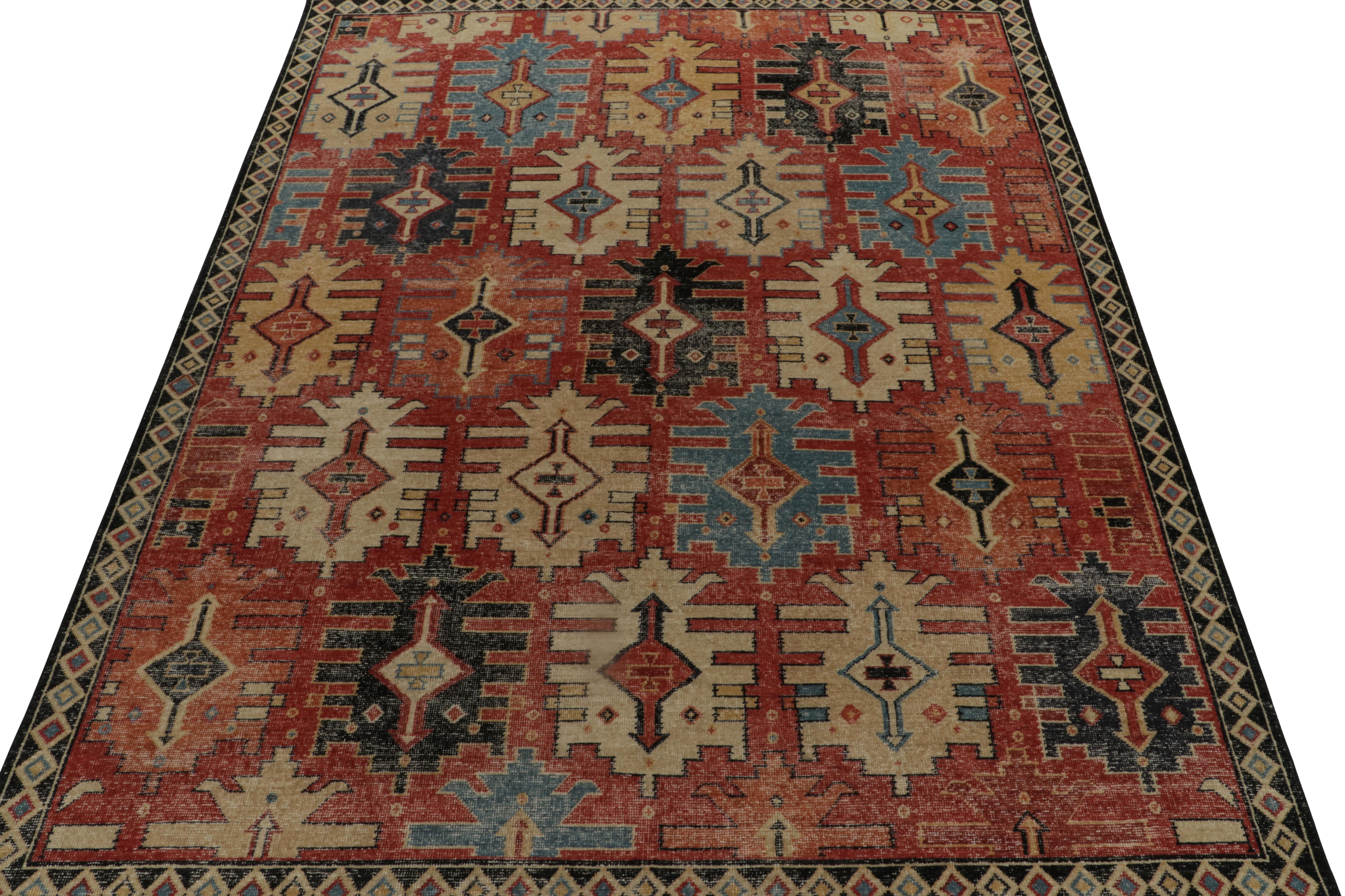 Indian Rug & Kilim’s Distressed Style Rug in Red, Black, Beige, Gold Tribal Patterns For Sale