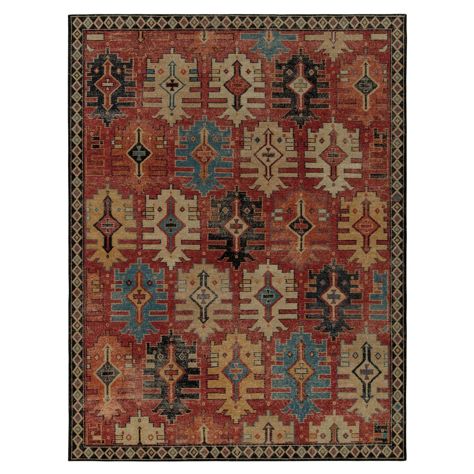 Rug & Kilim è un tappeto in stile degradato con motivi tribali rossi, neri, beige e oro.