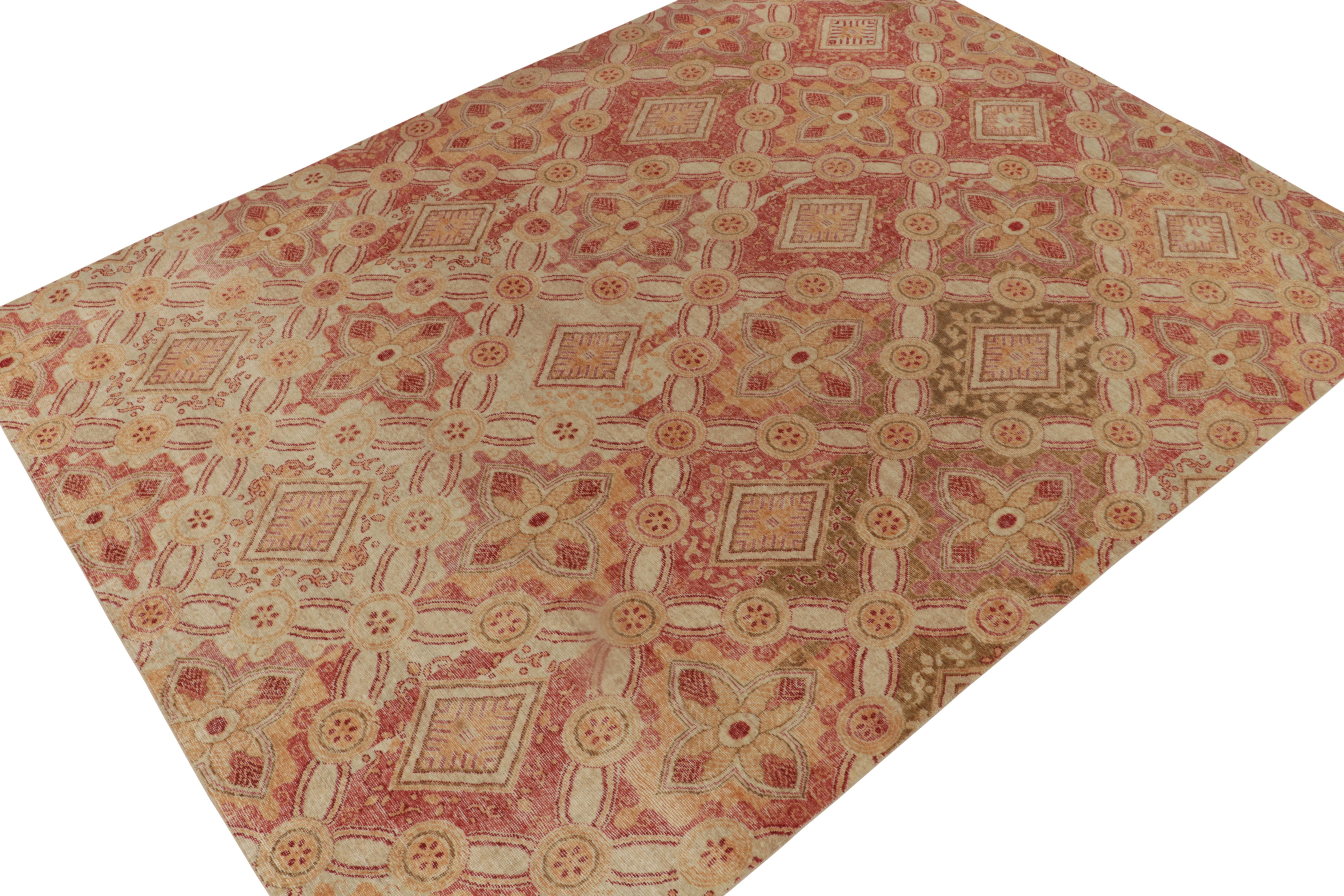 From Rug & Kilim’s Homage Collection, a 10x14 hand-knotted wool rug inspired by the most revered European sensibilities. 

On the Design: The vision flourishes with floral trellis patterns in red, gold, and beige-brown hues. This piece enjoys a