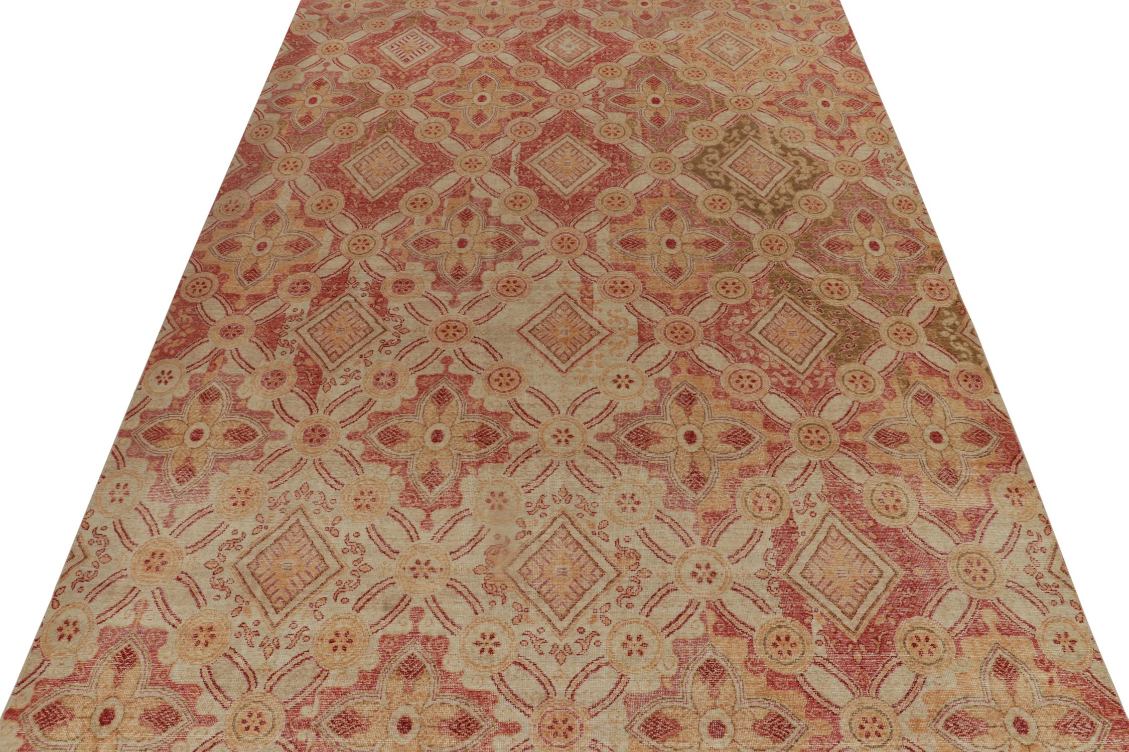 Other Rug & Kilim’s Distressed Style Rug in Red, Gold and Beige-Brown Trellises For Sale