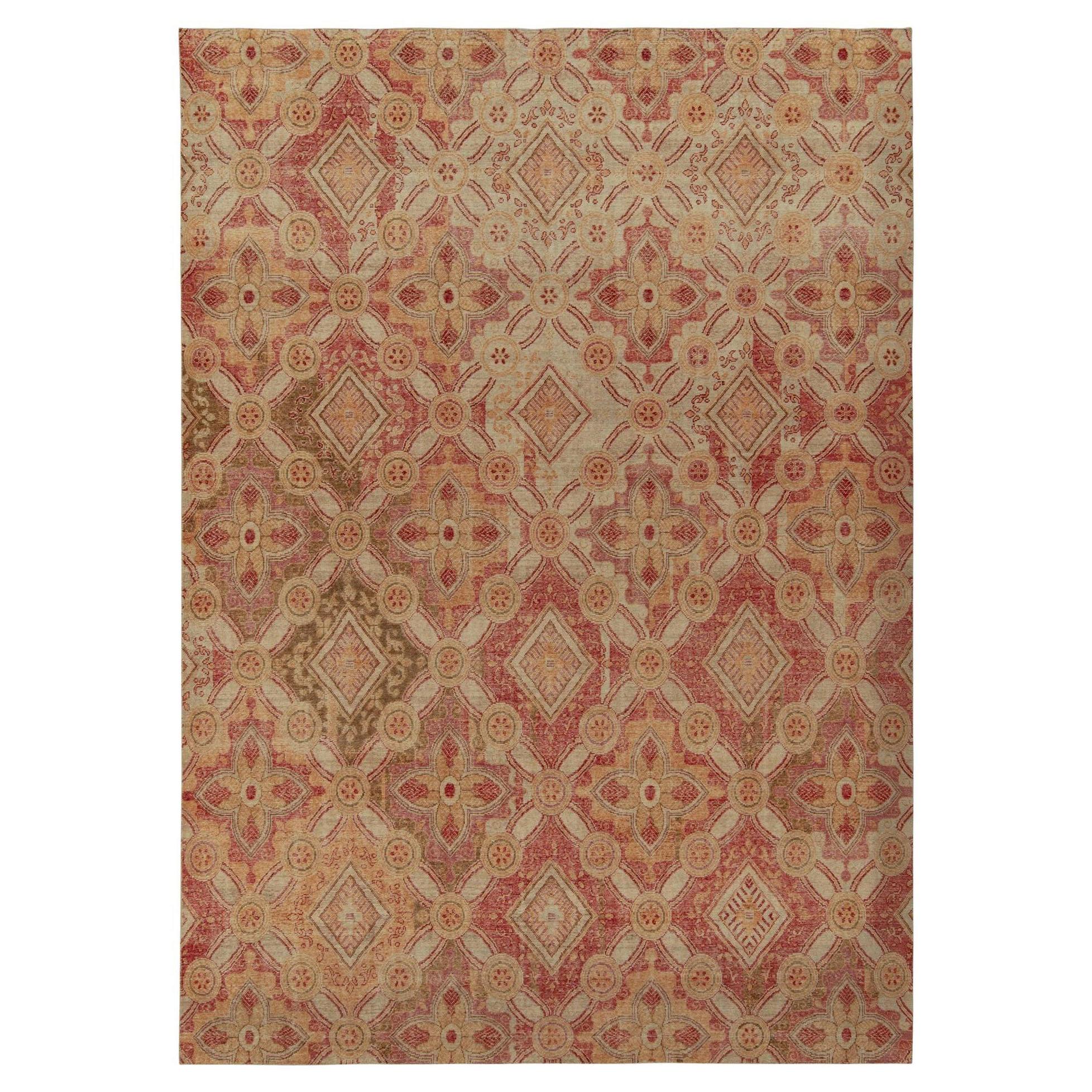 Rug & Kilim’s Distressed Style Rug in Red, Gold and Beige-Brown Trellises For Sale