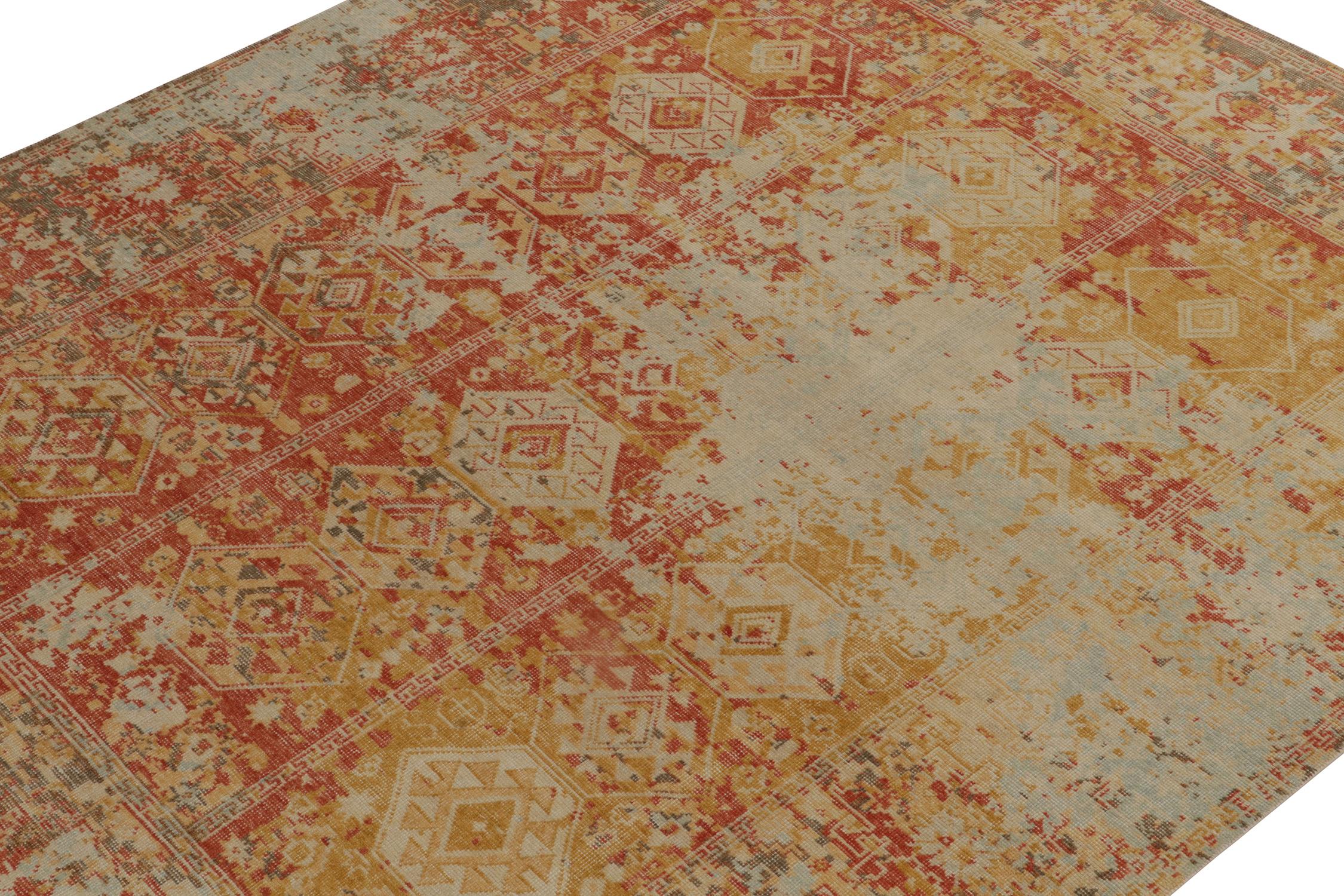 Hand-Knotted Rug & Kilim’s Distressed Style Rug in Red, Gold and Blue Tribal Patterns For Sale