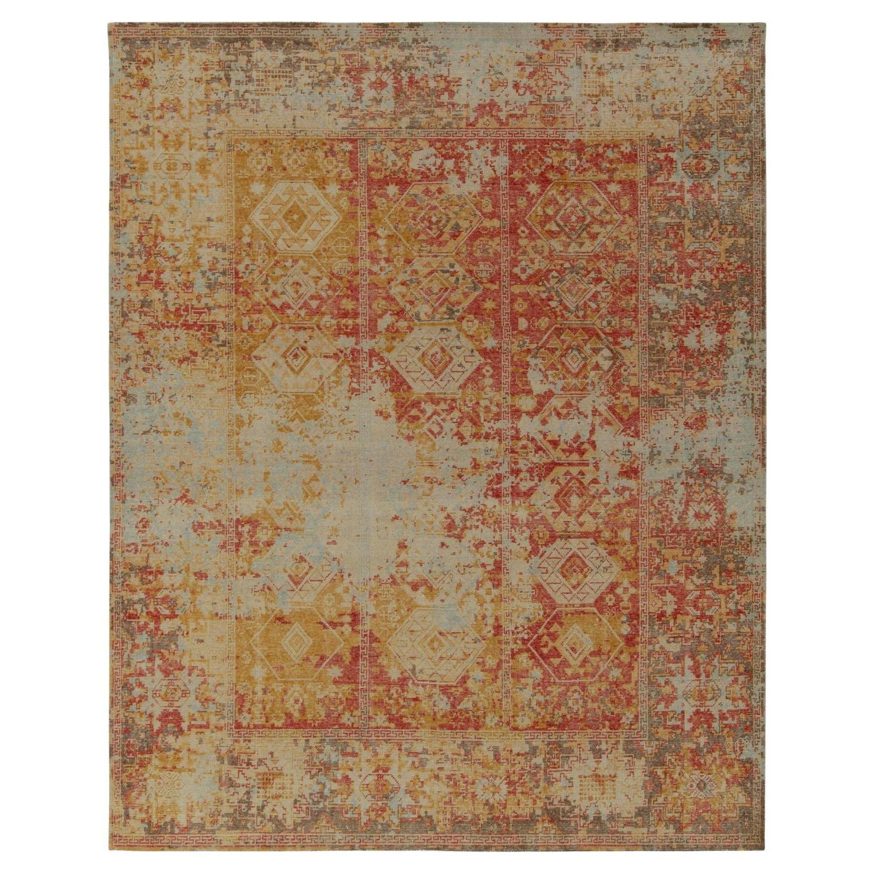 Rug & Kilim’s Distressed Style Rug in Red, Gold and Blue Tribal Patterns For Sale