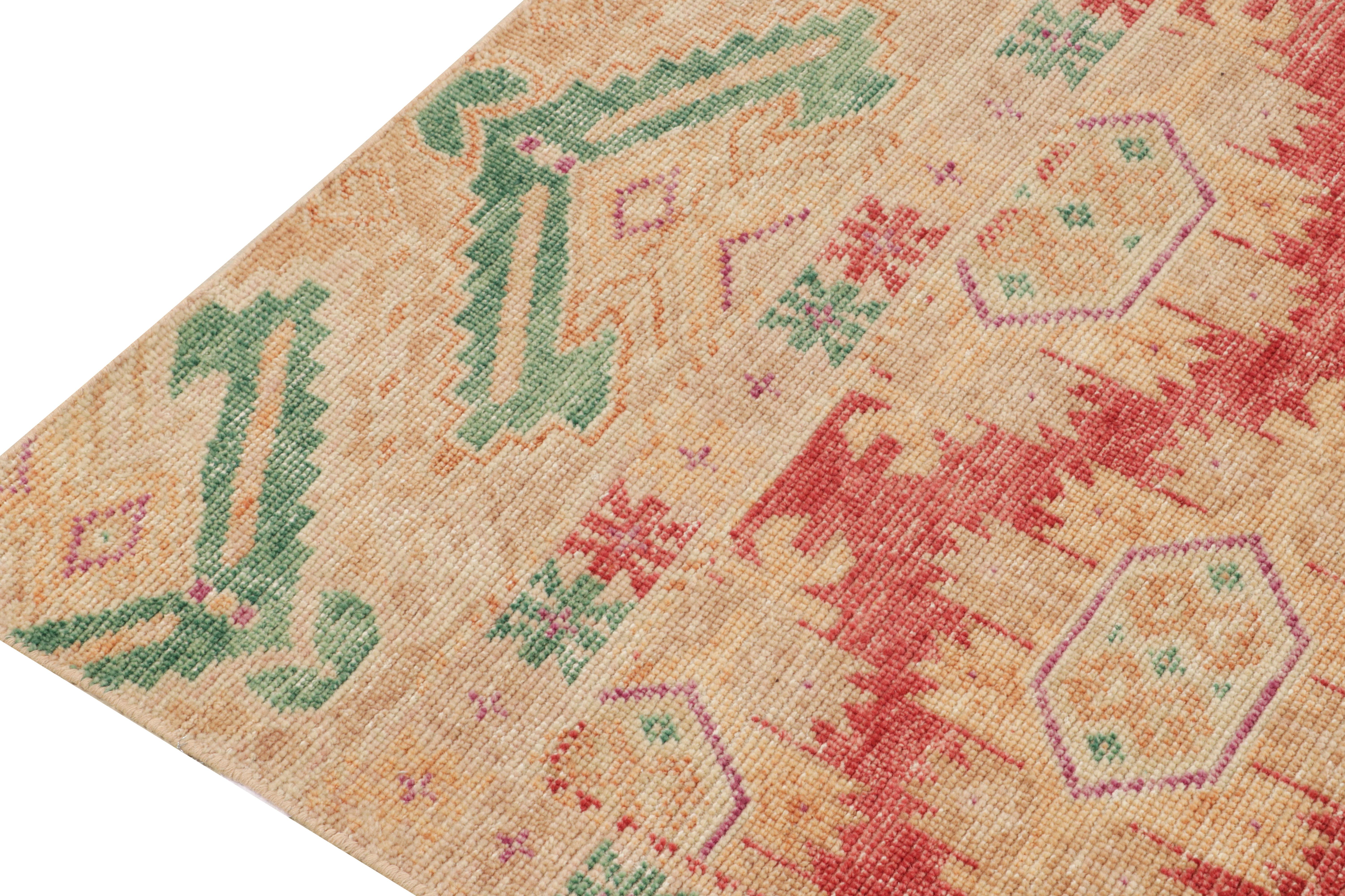 Hand-Knotted Rug & Kilim's Distressed Style Rug in Red, Gold, Green Geometric Pattern For Sale