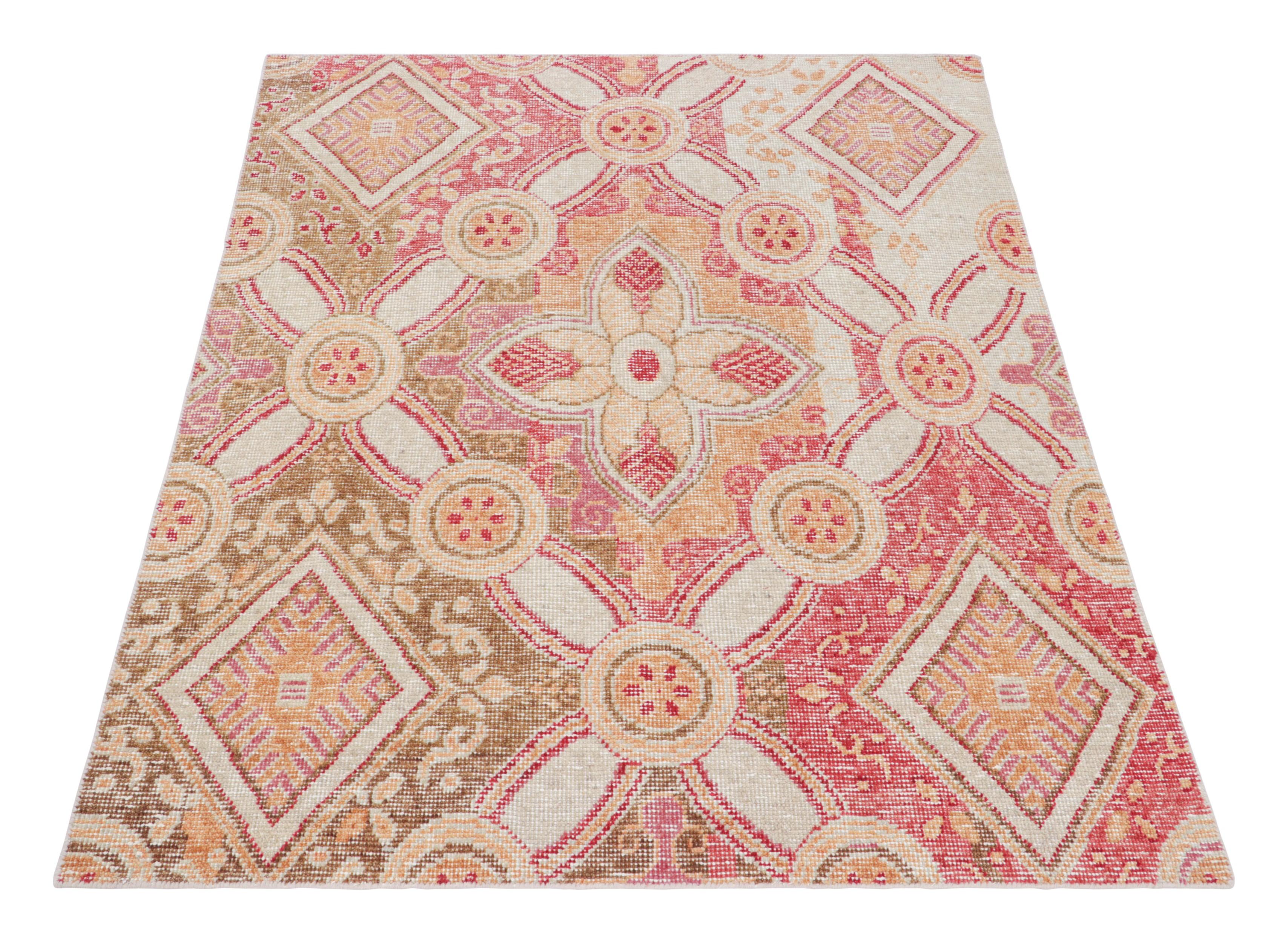Hand-Knotted Rug & Kilim’s Distressed Style Rug in Red, Green, Gold, White Trellises For Sale
