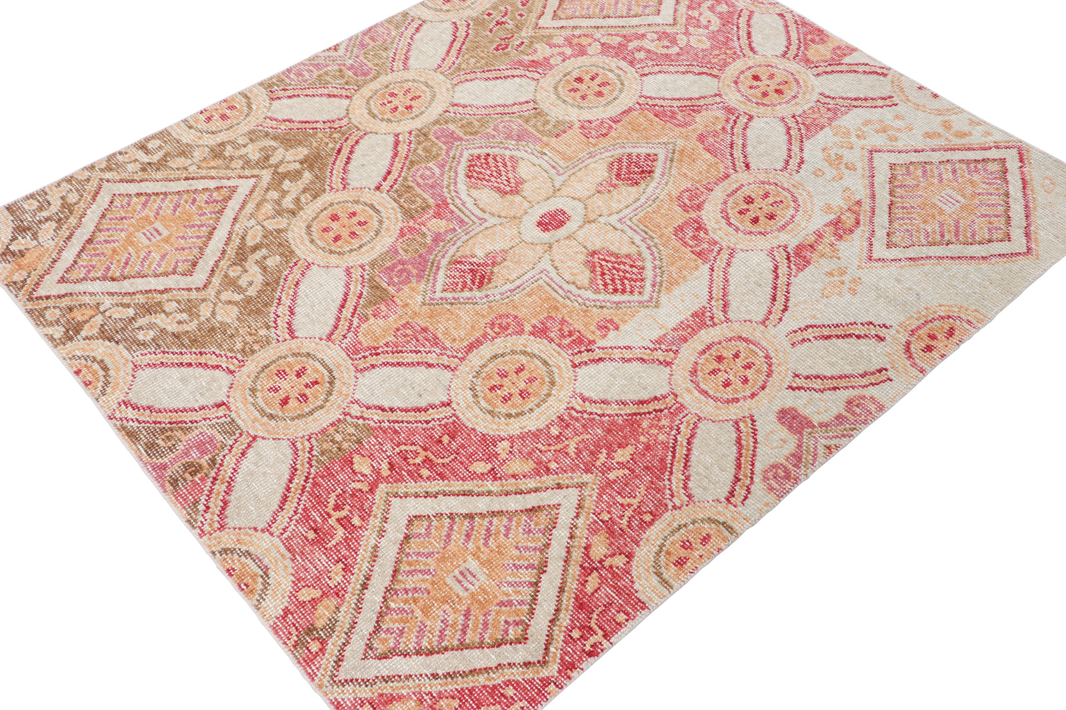 Indian Rug & Kilim’s Distressed Style Rug in Red, Green, Gold, White Trellises For Sale