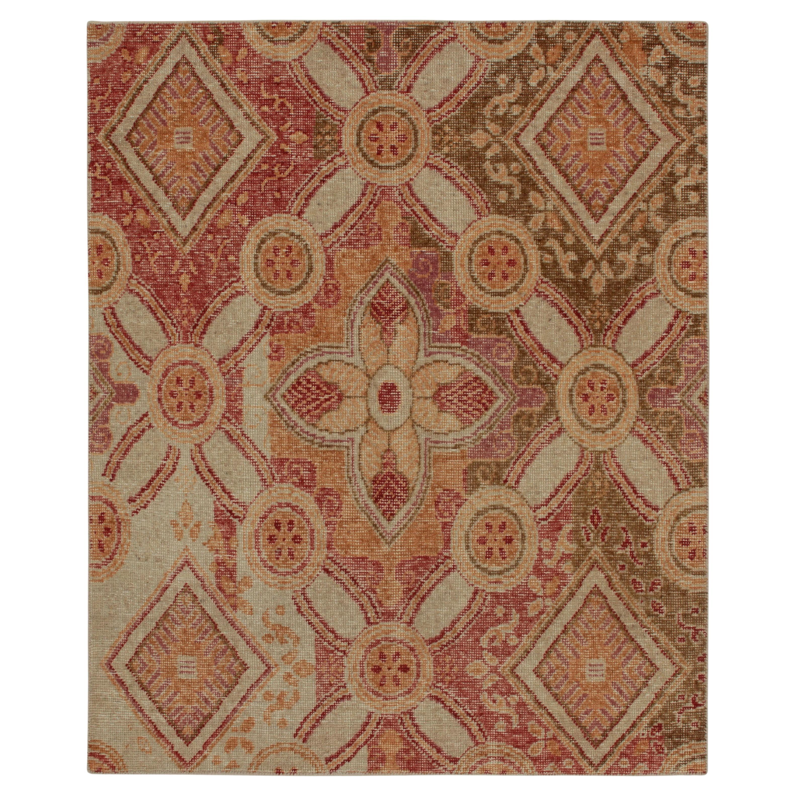 Rug & Kilim’s Distressed Style Rug in Red, Green, Gold, White Trellises For Sale