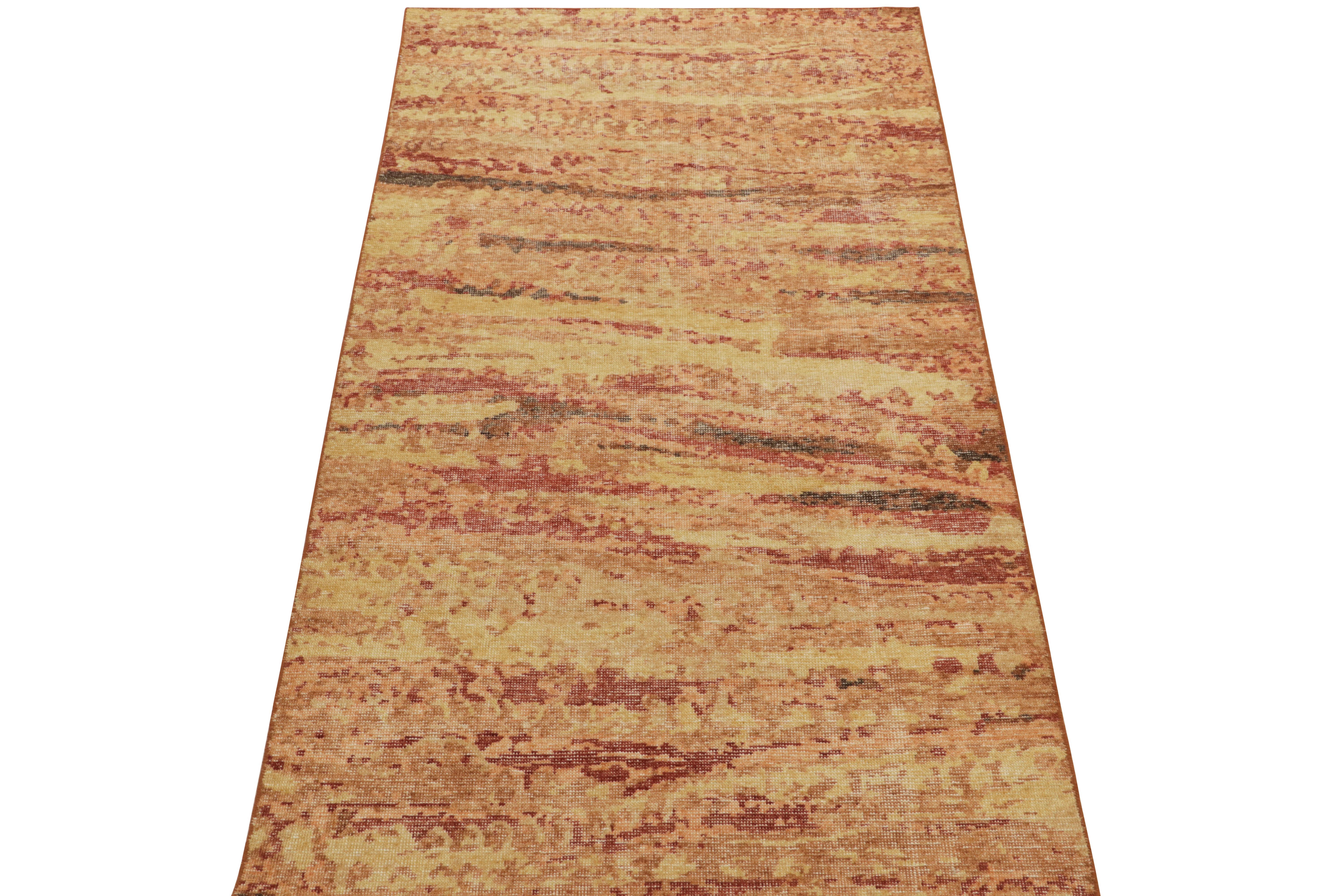 From Rug & Kilim’s Homage collection, a 4x8 distressed style abstract rug enjoying a warm, vibrant play of scarlet red, light tangerine, molten gold & brown tones for a unique take in this celebrated line. Exemplifying the easy-to-maintain,