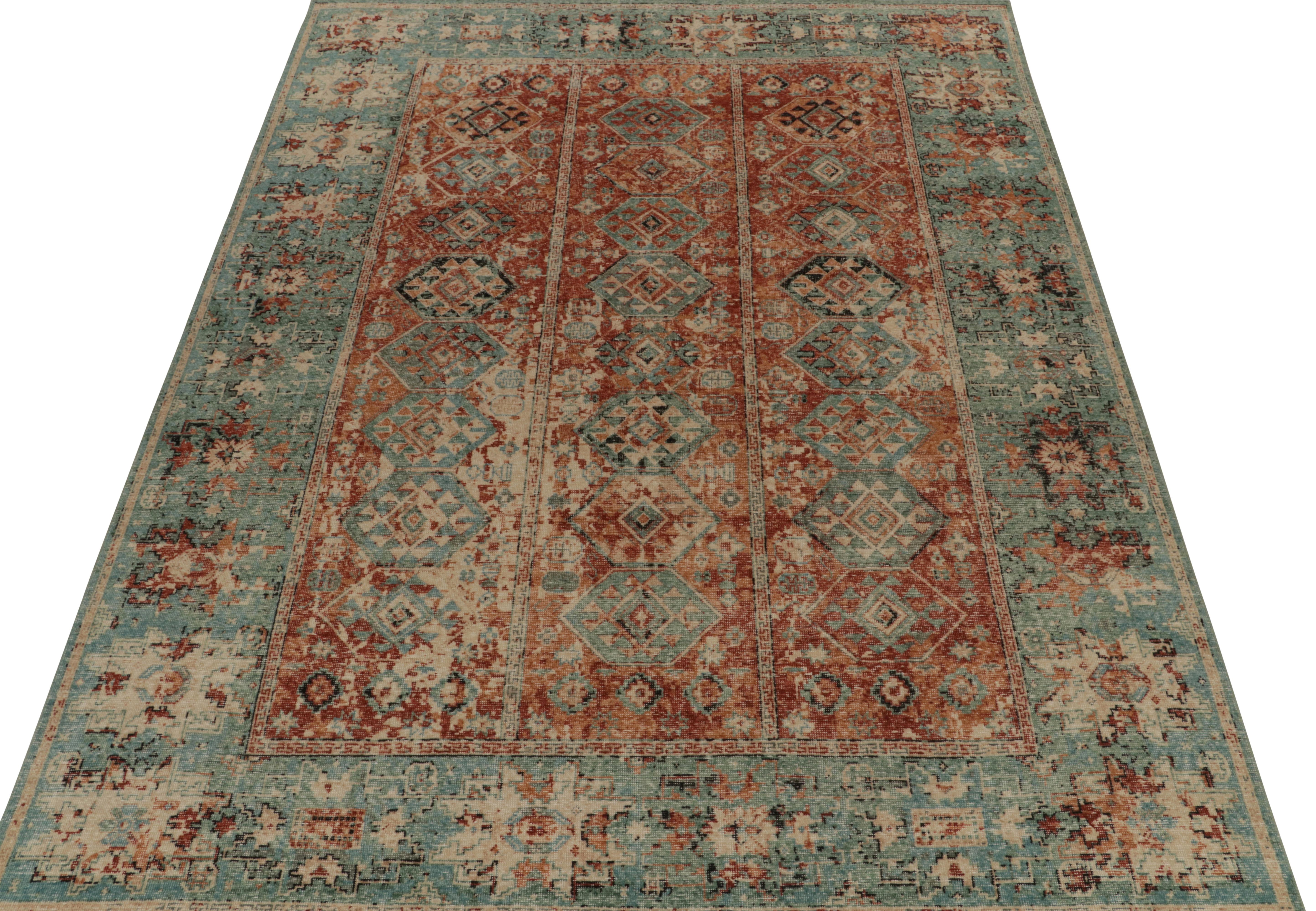 Indian Rug & Kilim’s Distressed Style Rug in Rust, Beige and Teal Tribal Medallions For Sale