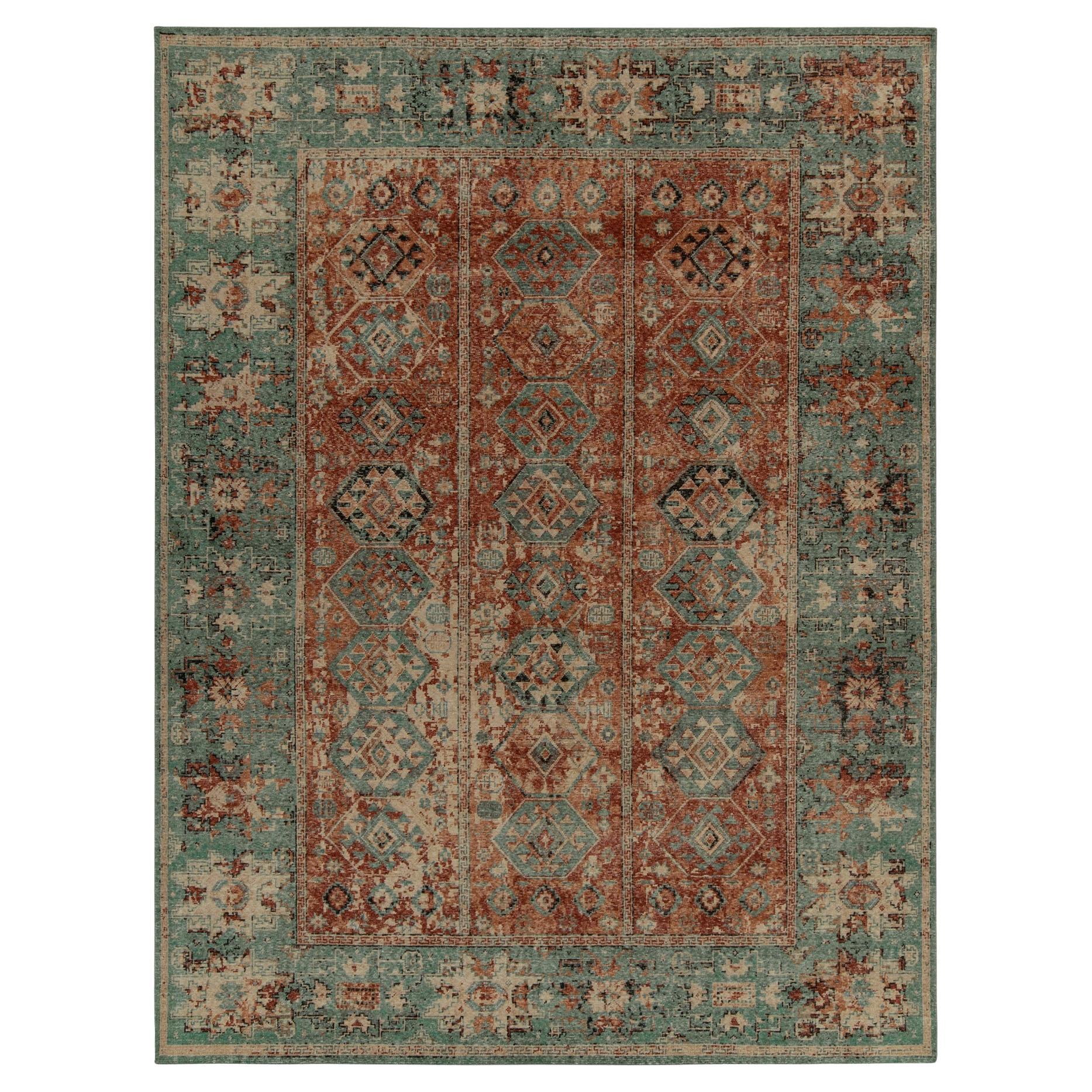 Rug & Kilim’s Distressed Style Rug in Rust, Beige and Teal Tribal Medallions For Sale