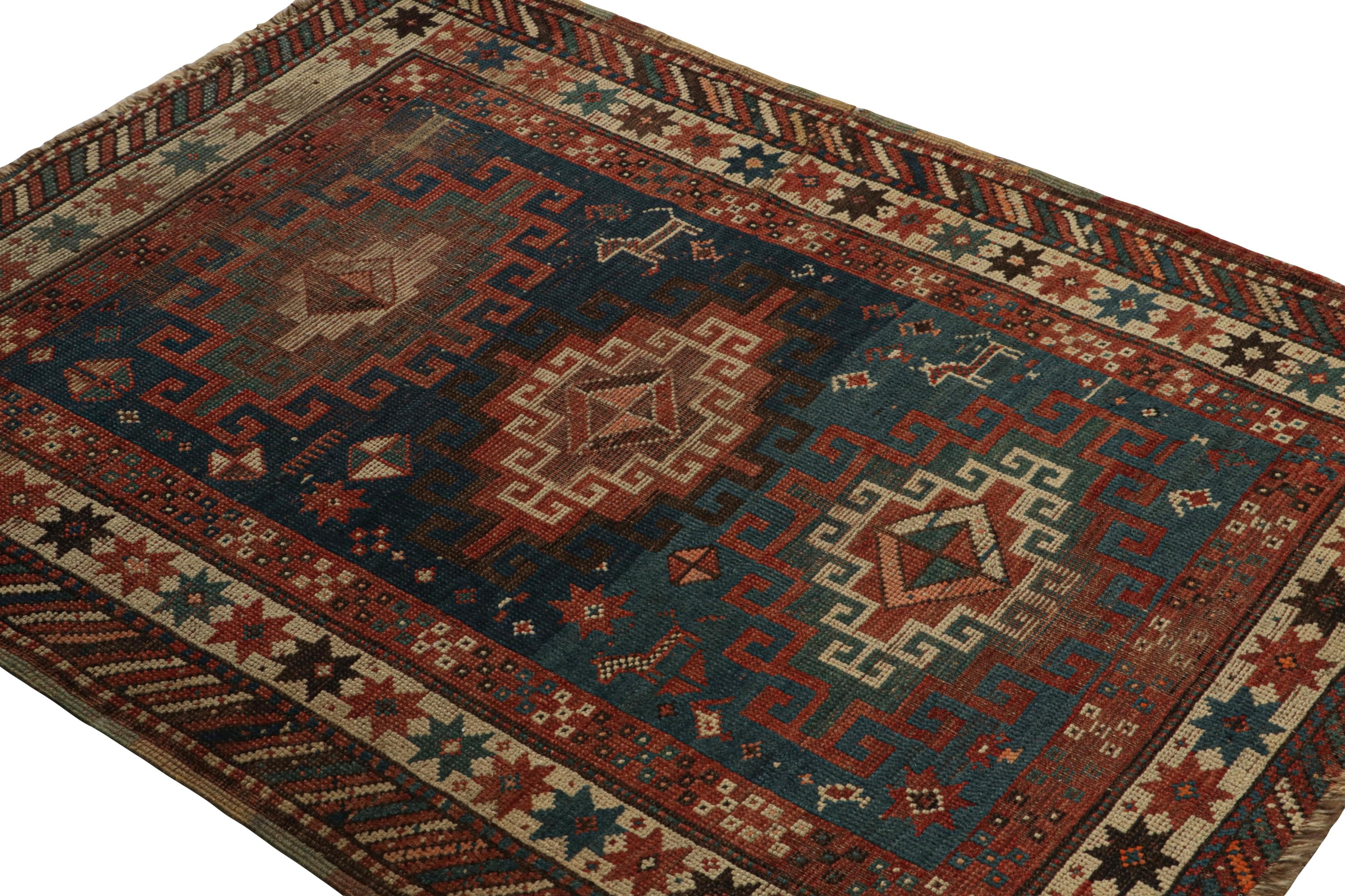 Hand-knotted in wool, this 3x5 Antique Caucasian tribal rug, originating from Russia, features large Guls and nomadic oriental-like geometric patterns. With rare animal pictorial figures in symbols, its design is a work of folk art with rustic,
