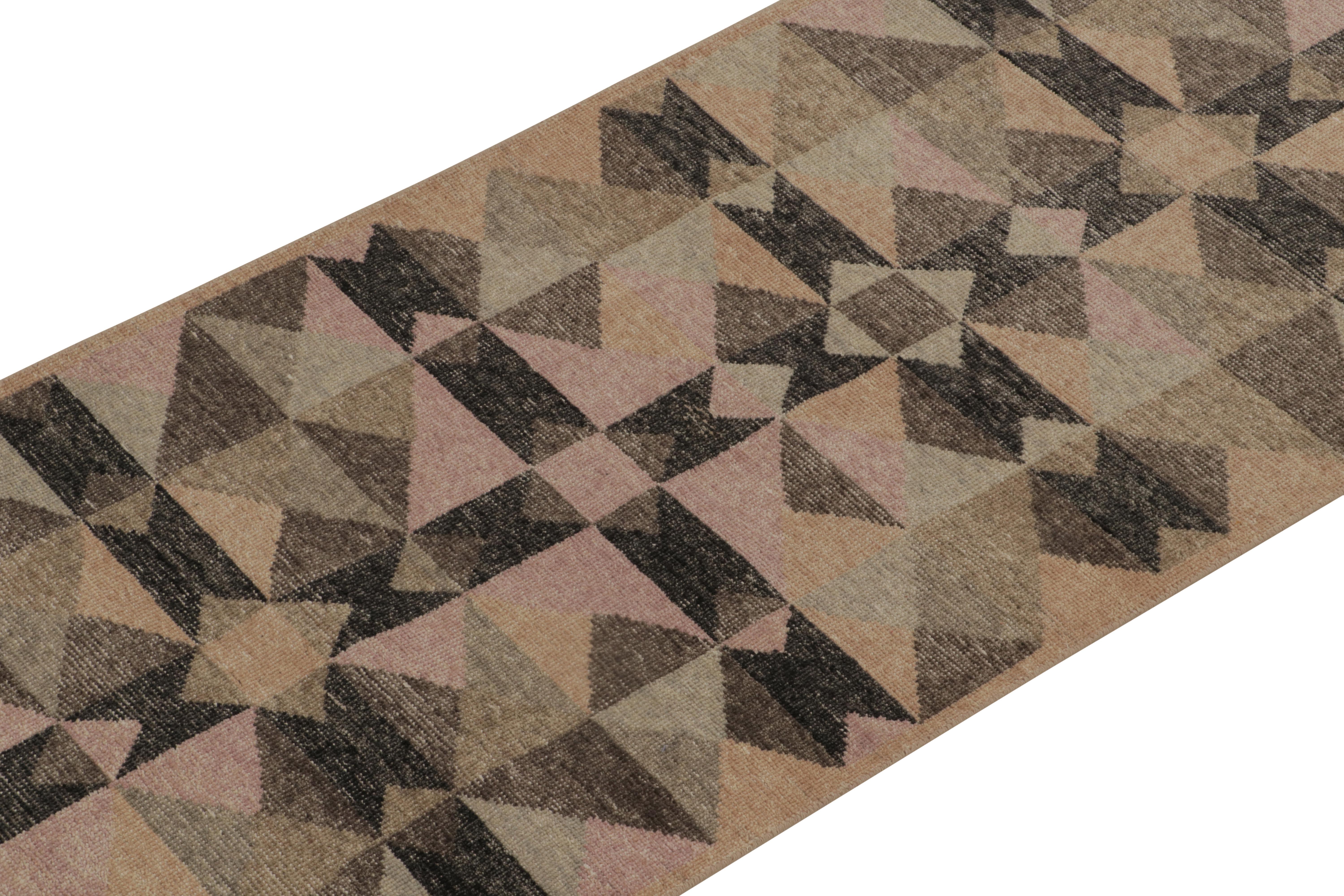 Indian Rug & Kilim’s Distressed Style Runner in Beige, Black, Pink Scandinavian Pattern For Sale