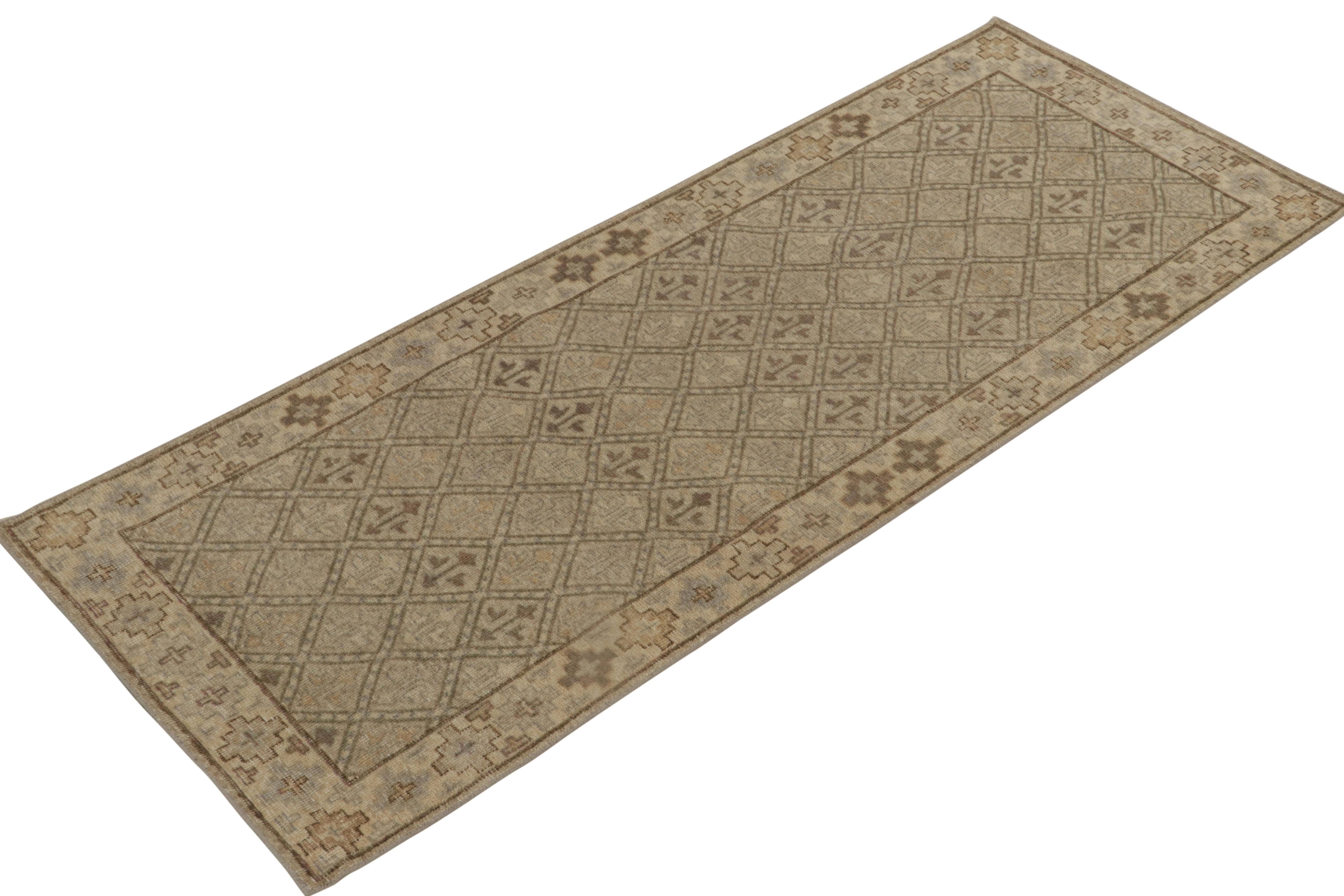 A 3x8 hand-knotted wool runner from Rug & Kilim’s Homage Collection; a vital new encyclopedia of style and texture.

On the Design: This rug is inspired by antique tribal patterns of a very forgiving provenance, recaptured in muted beige-brown and