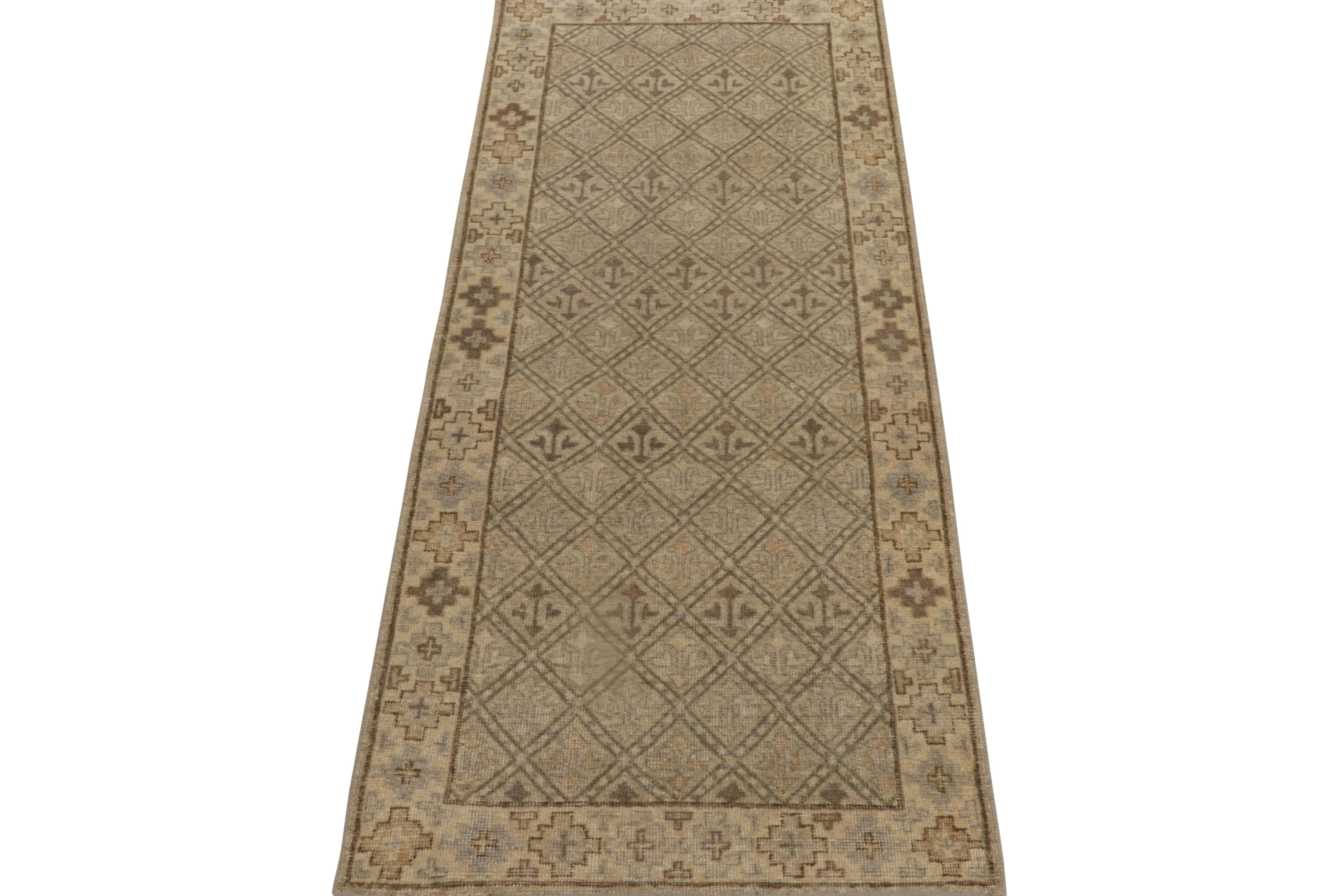 Indian Rug & Kilim’s Distressed Style Runner in Beige-Brown & Gray Tribal Patterns For Sale