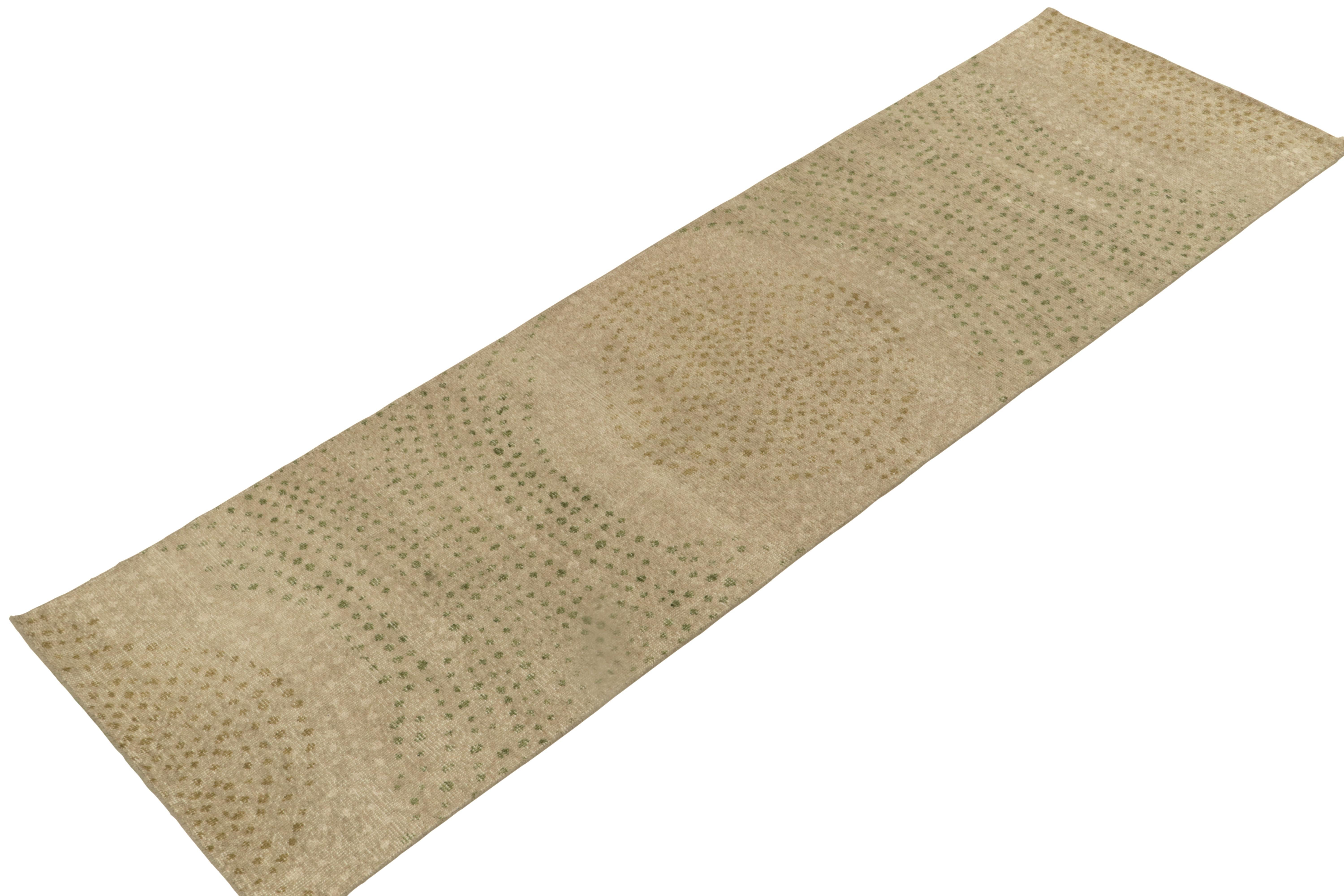Modern Rug & Kilim’s Distressed Style Runner in Beige & Green Abstract Dots Pattern For Sale