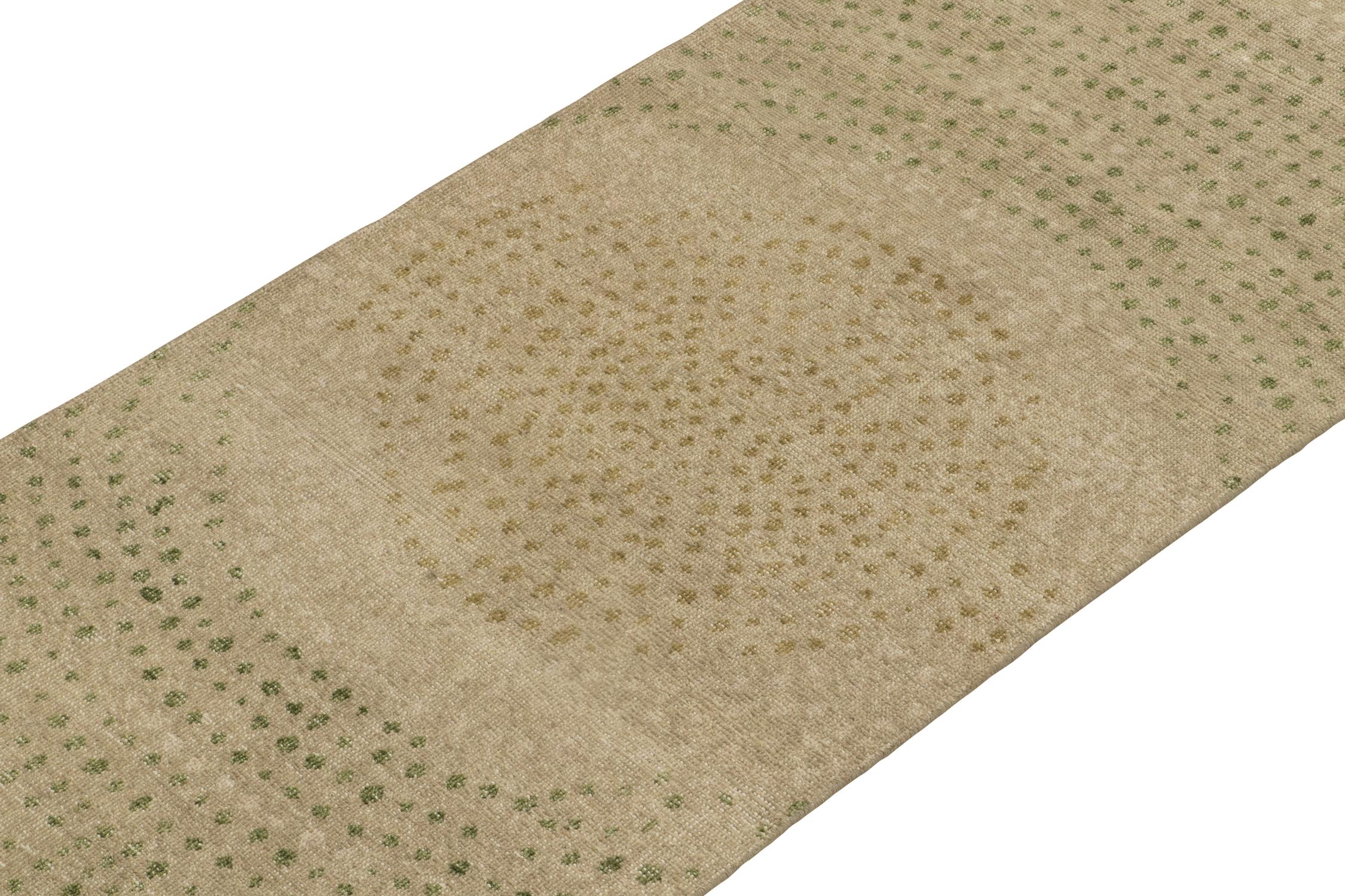 Indian Rug & Kilim’s Distressed Style Runner in Beige & Green Abstract Dots Pattern For Sale