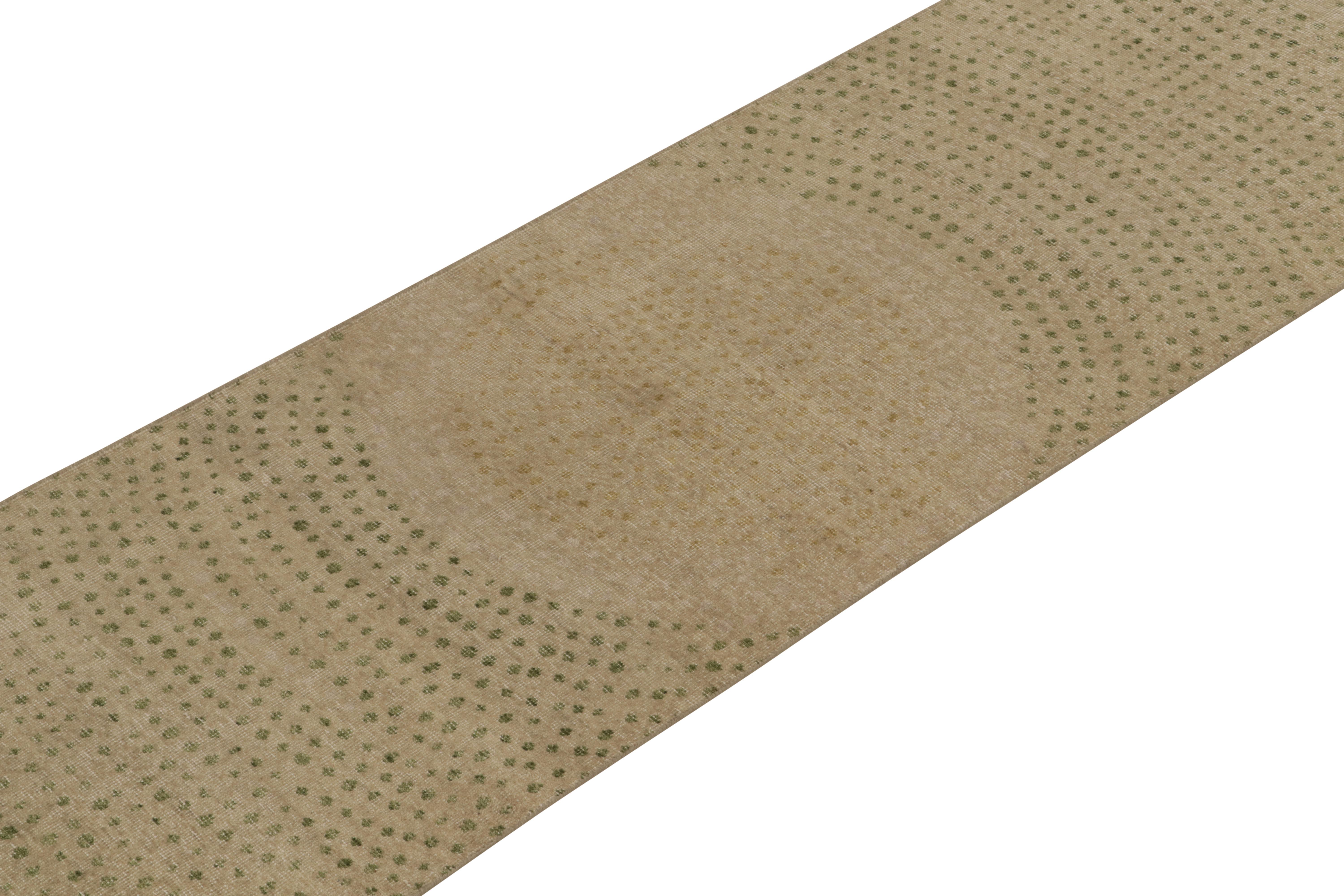 Indian Rug & Kilim’s Distressed Style Runner in Beige & Green Abstract Dots Pattern For Sale