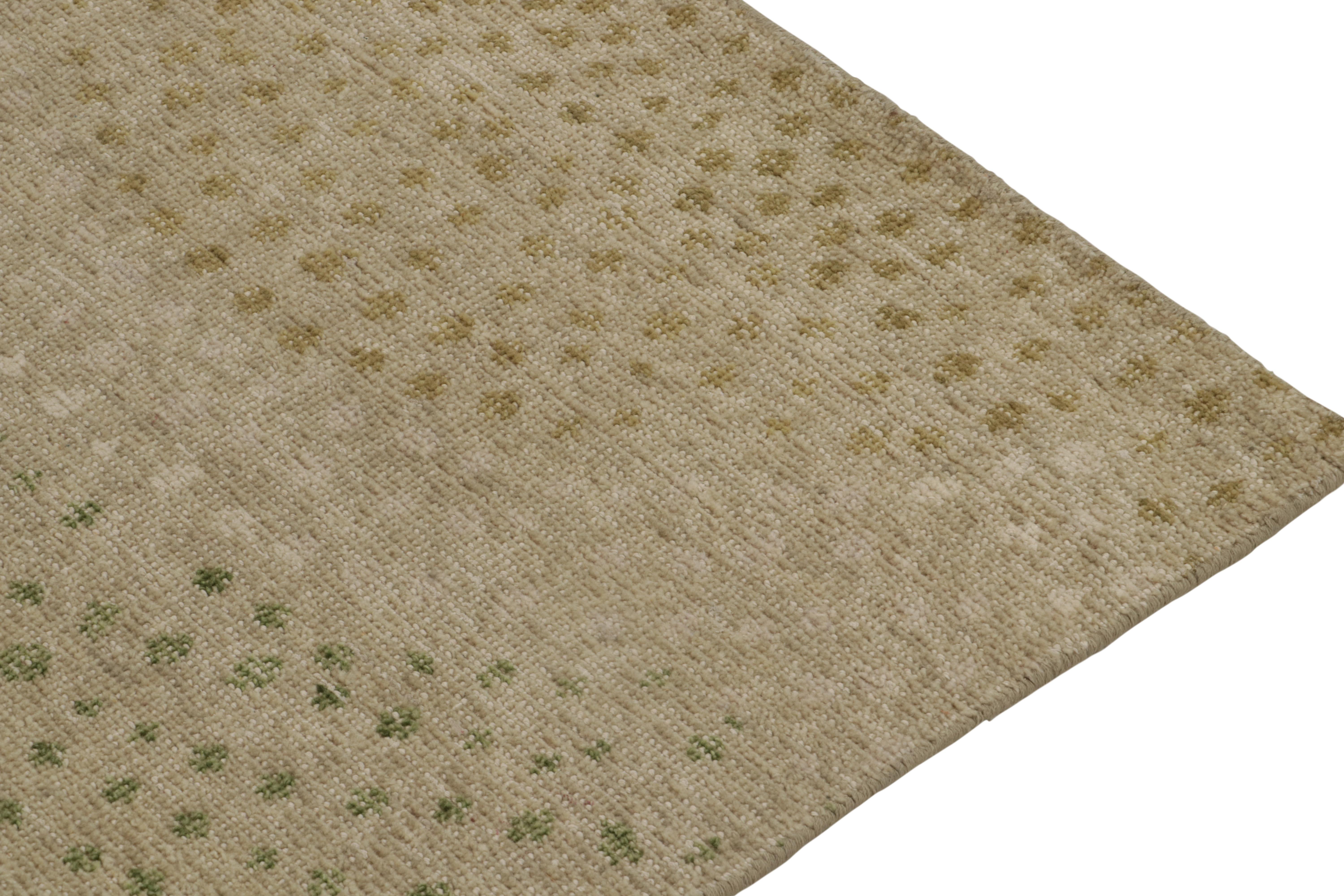 Hand-Knotted Rug & Kilim’s Distressed Style Runner in Beige & Green Abstract Dots Pattern For Sale