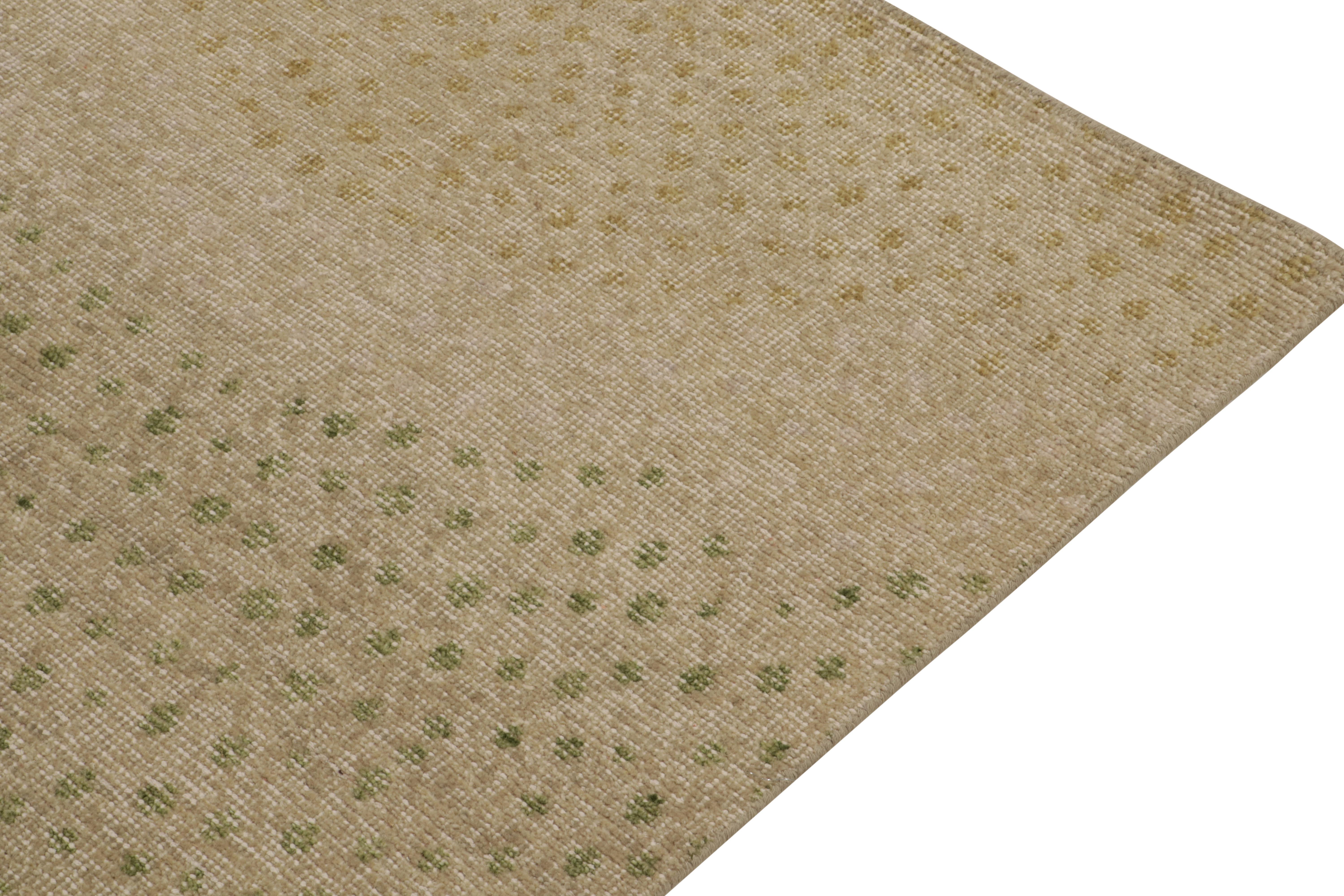 Hand-Knotted Rug & Kilim’s Distressed Style Runner in Beige & Green Abstract Dots Pattern For Sale