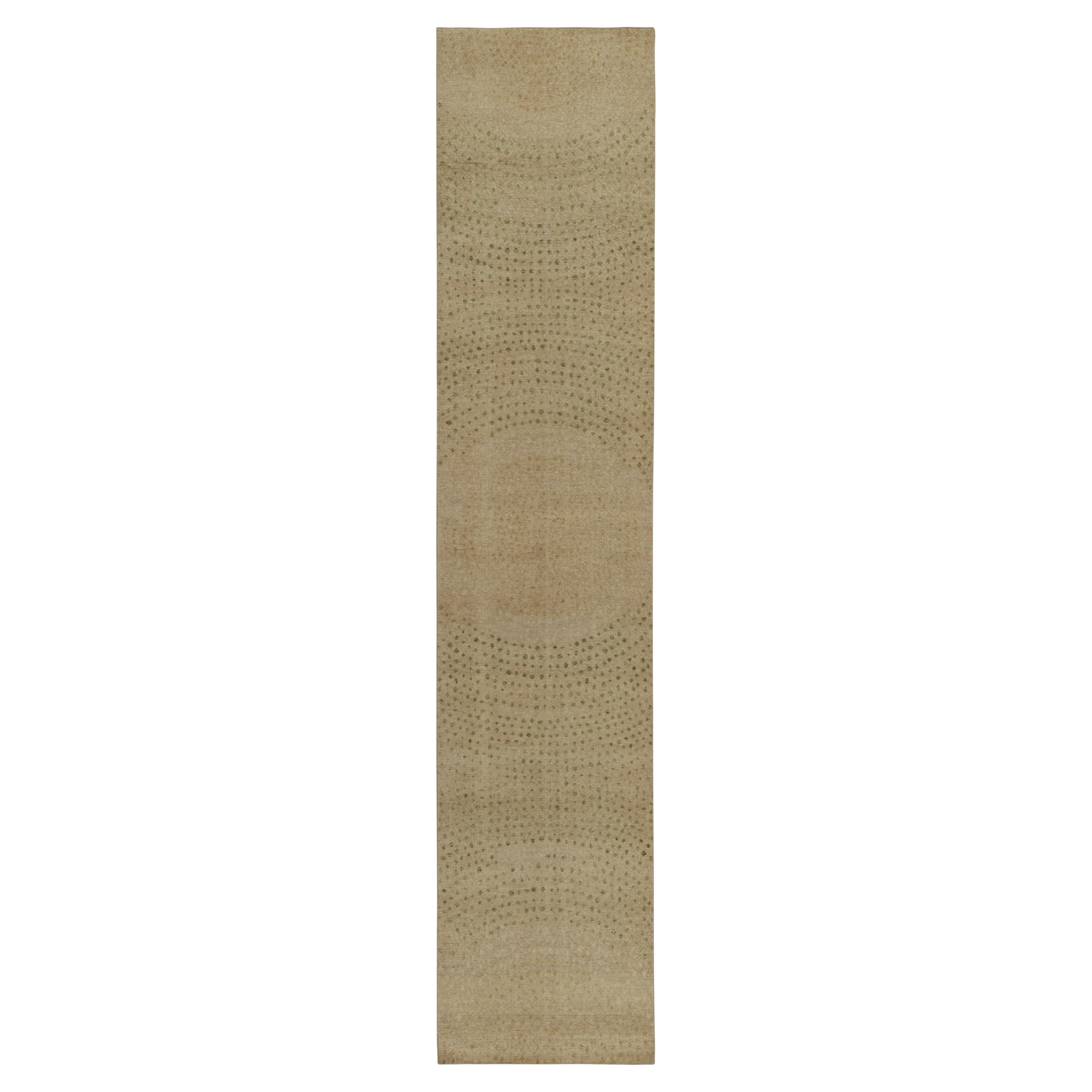 Rug & Kilim’s Distressed Style Runner in Beige & Green Abstract Dots Pattern For Sale