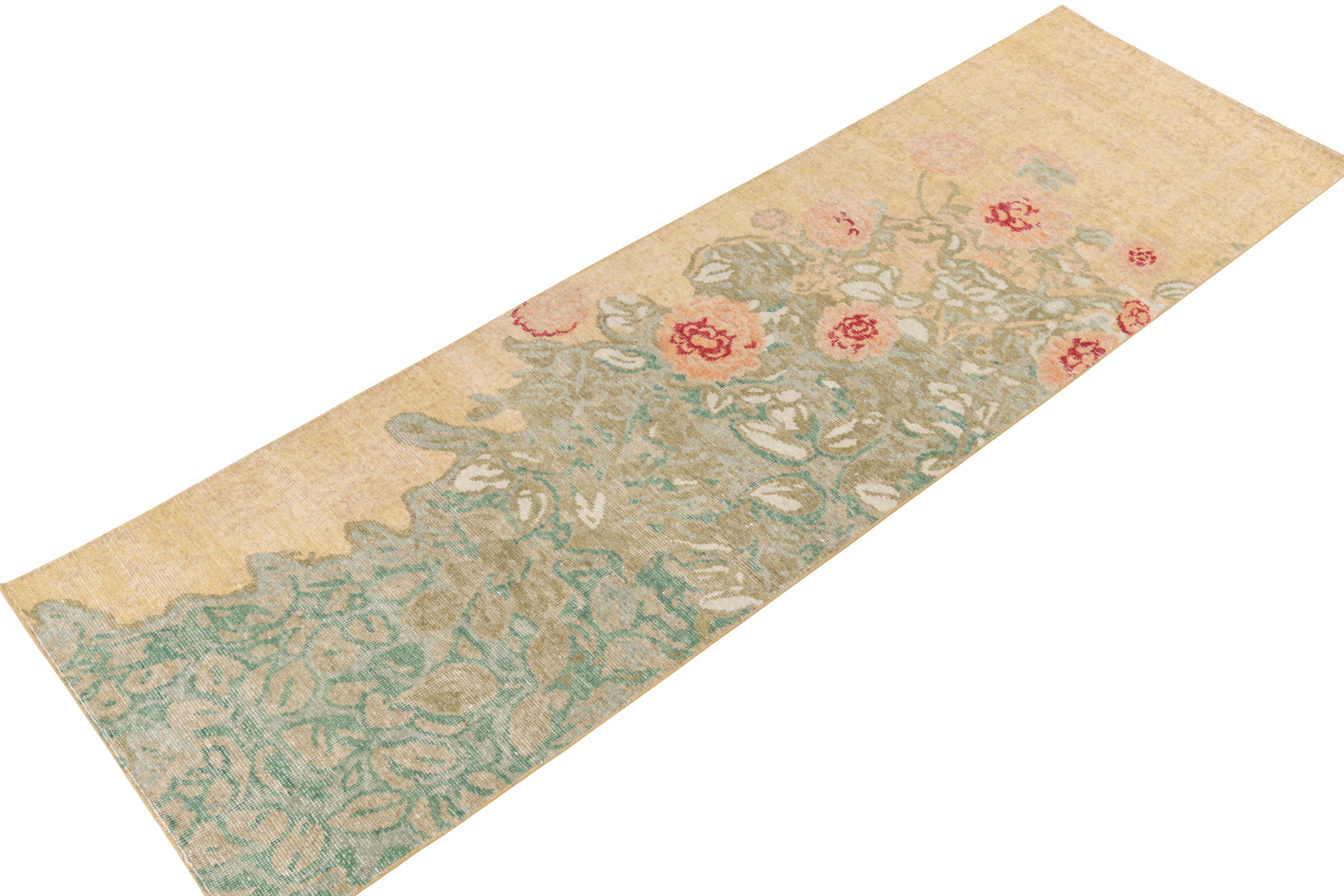 Indian Rug & Kilim's Distressed Style Runner in Beige, Peach and Green Floral Pattern For Sale