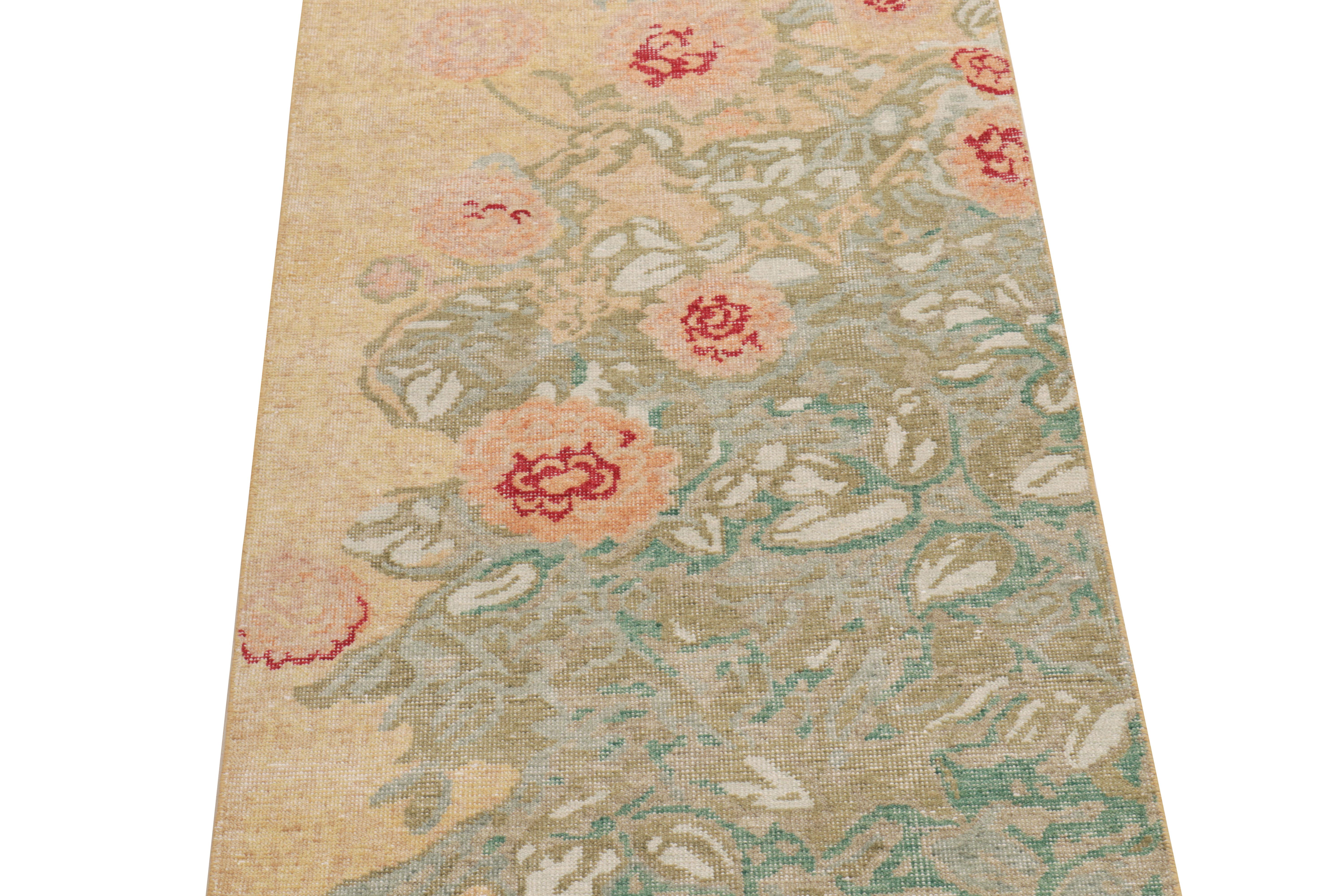 Hand-Knotted Rug & Kilim's Distressed Style Runner in Beige, Peach and Green Floral Pattern For Sale