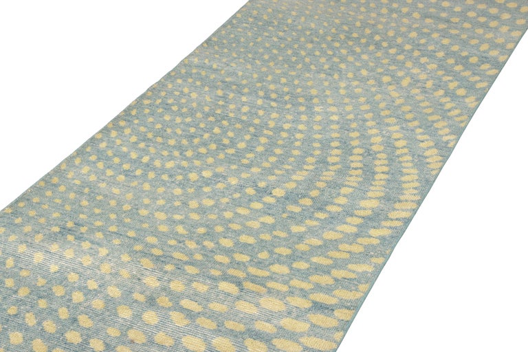 Modern Rug & Kilim’s Distressed Style Runner in Blue, Yellow Geometric Pattern For Sale