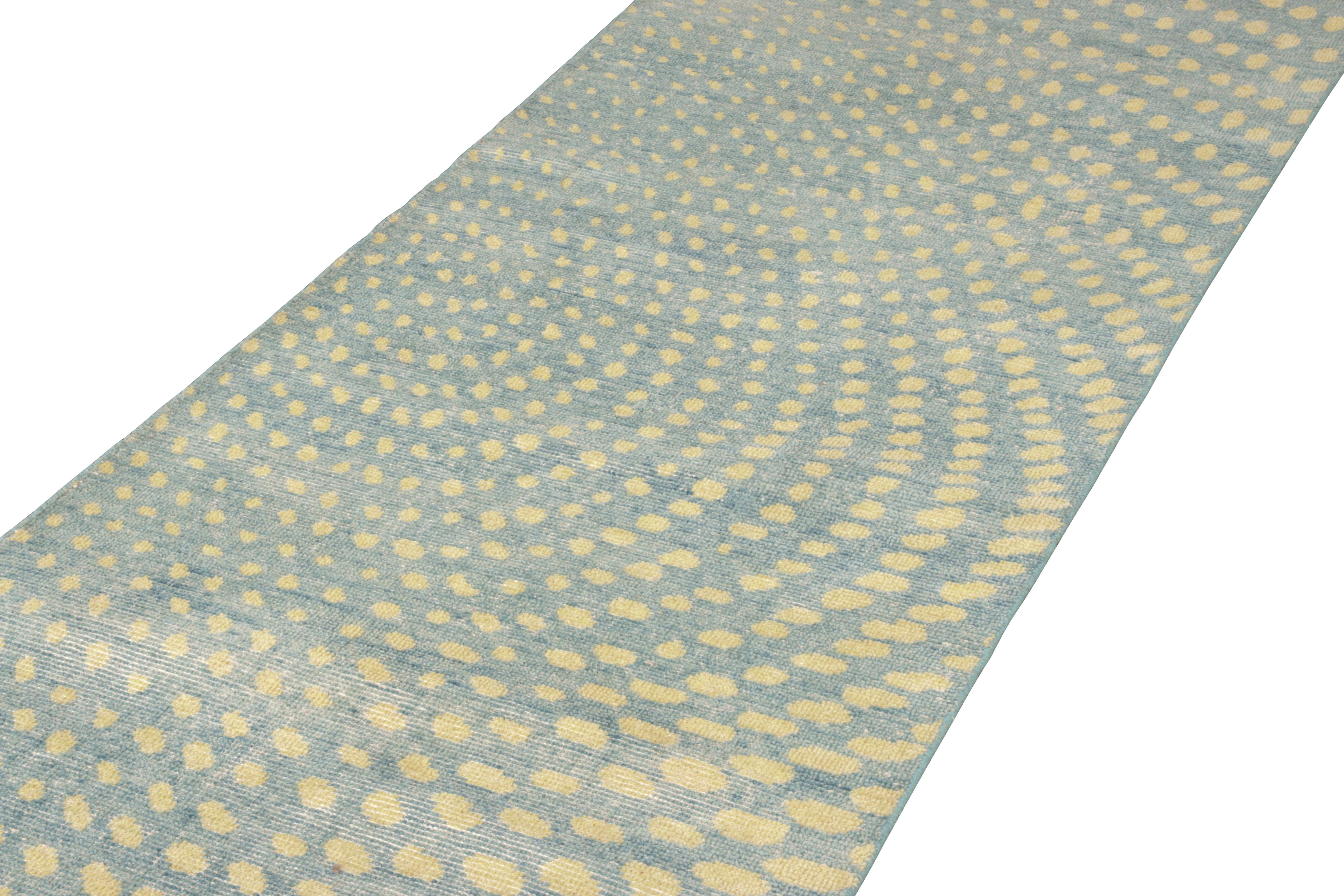 Modern Rug & Kilim’s Distressed Style Runner in Blue, Yellow Geometric Pattern For Sale