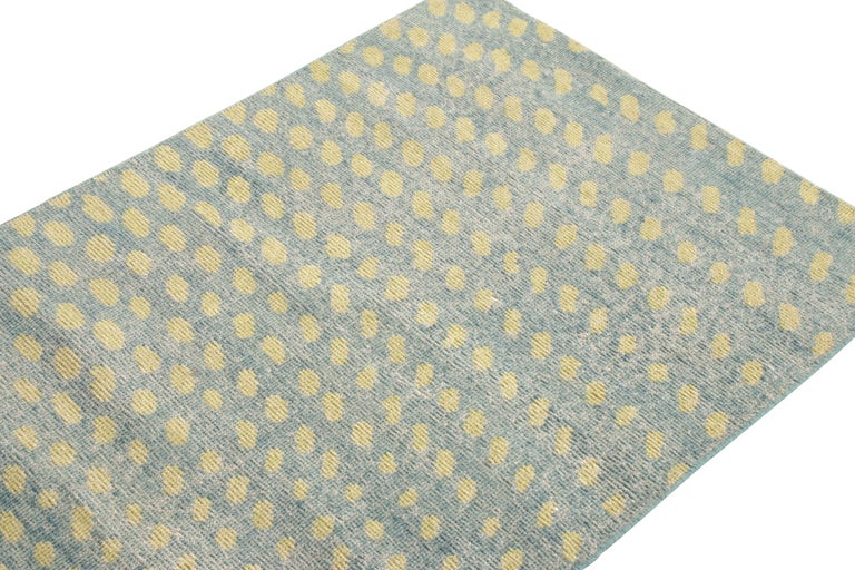 Indian Rug & Kilim’s Distressed Style Runner in Blue, Yellow Geometric Pattern For Sale