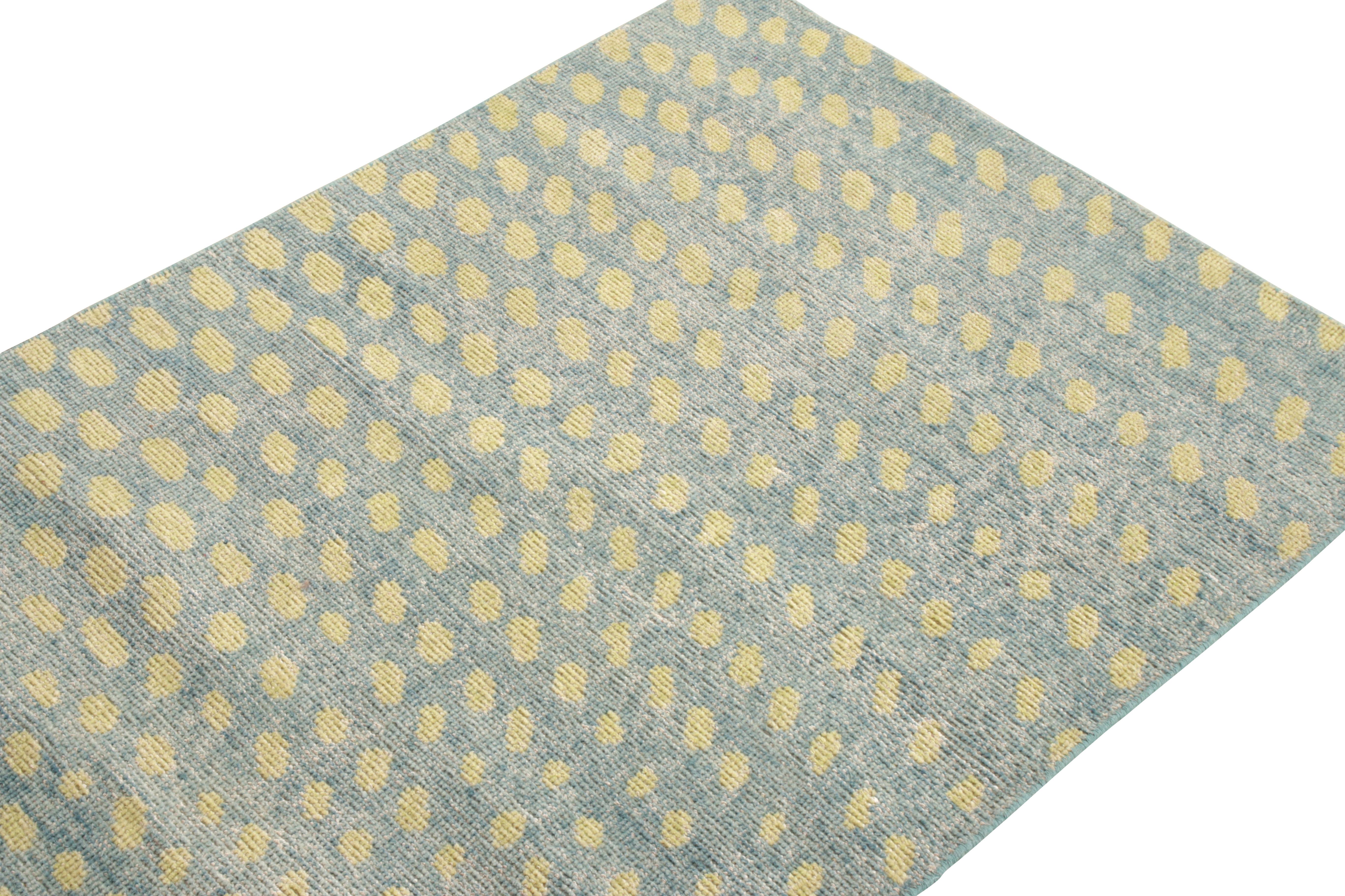 Indian Rug & Kilim’s Distressed Style Runner in Blue, Yellow Geometric Pattern For Sale