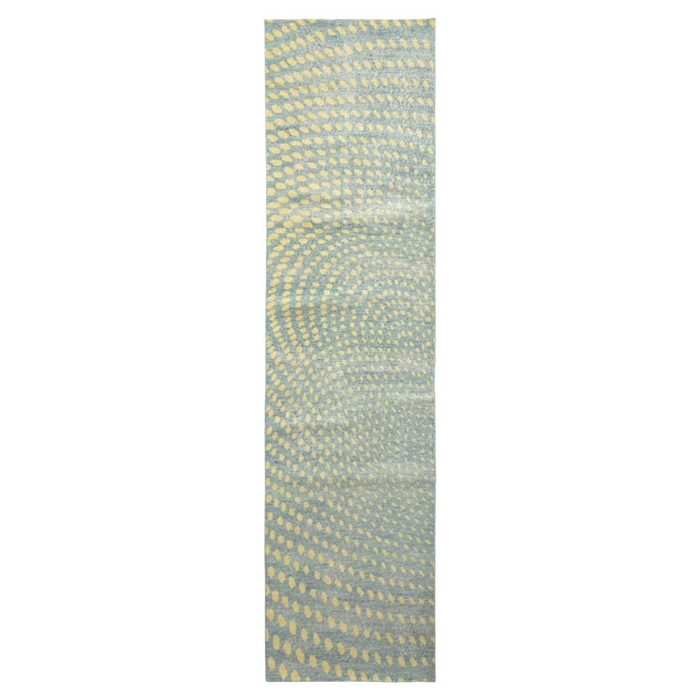 Rug & Kilim’s Distressed Style Runner in Blue, Yellow Geometric Pattern For Sale