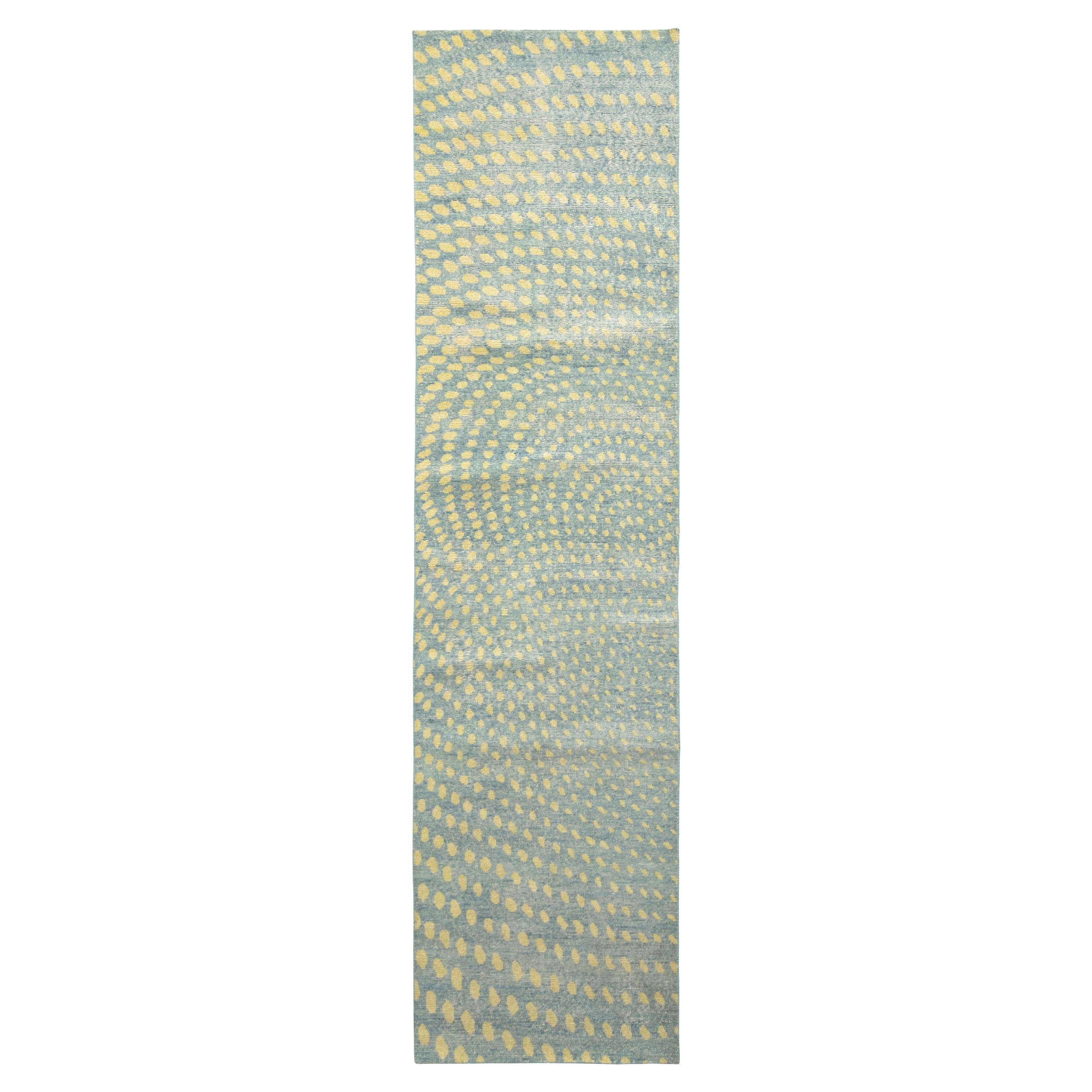 Rug & Kilim’s Distressed Style Runner in Blue, Yellow Geometric Pattern For Sale