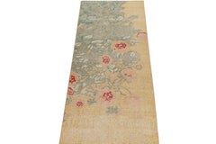 Rug & Kilim's Distressed Style Runner in Green, Gray & Gold Floral Pattern