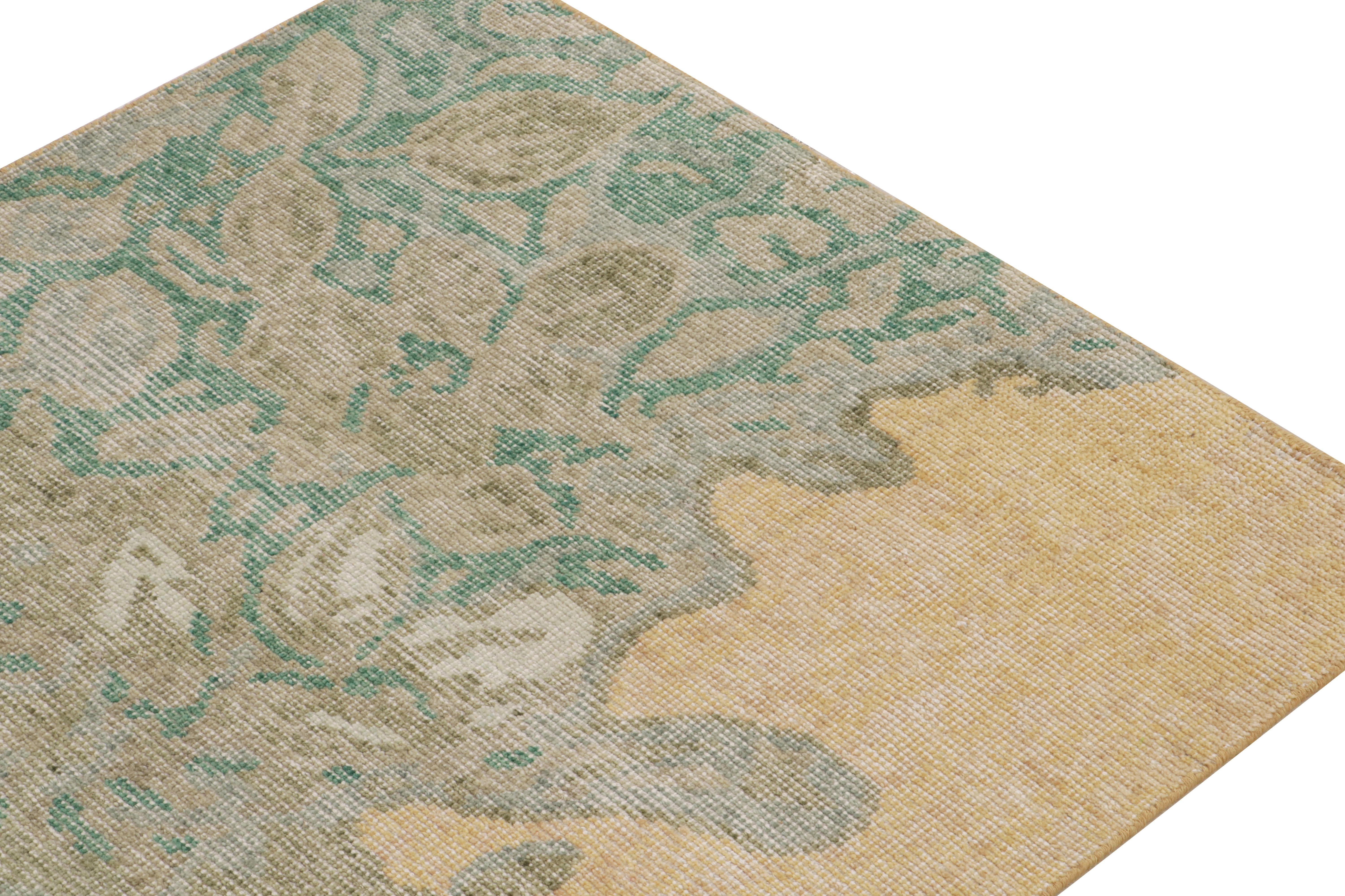 Hand-Knotted Rug & Kilim's Distressed Style Runner in Green, Gray & Gold Floral Pattern For Sale