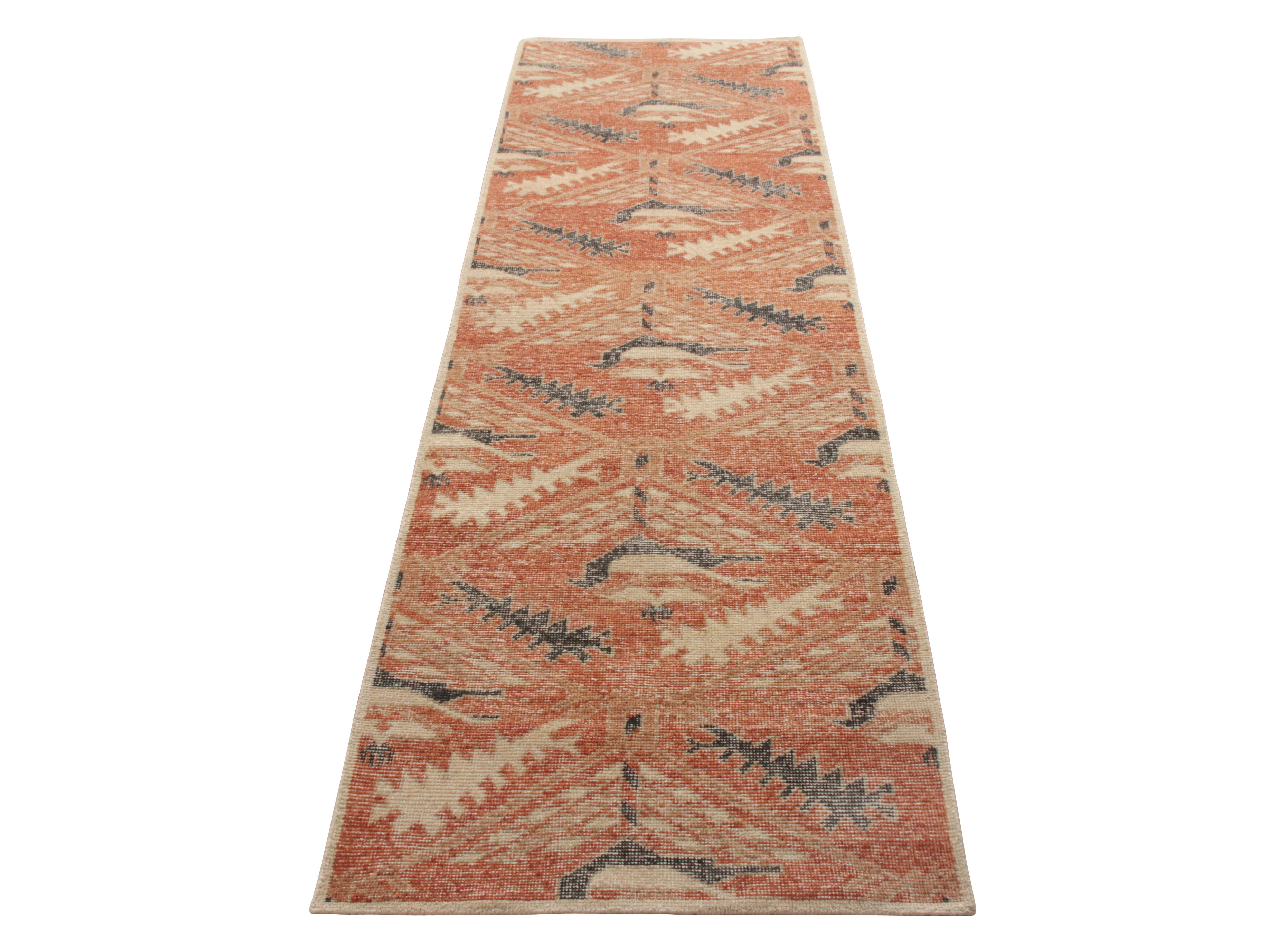 Hand knotted in low-sheared wool, a welcoming 3×10 runner available in Rug & Kilim’s Homage Collection. This piece emanates a shabby chic vibe as it combines a distressed, textural take on traditional geometric pattern with bold blue and red