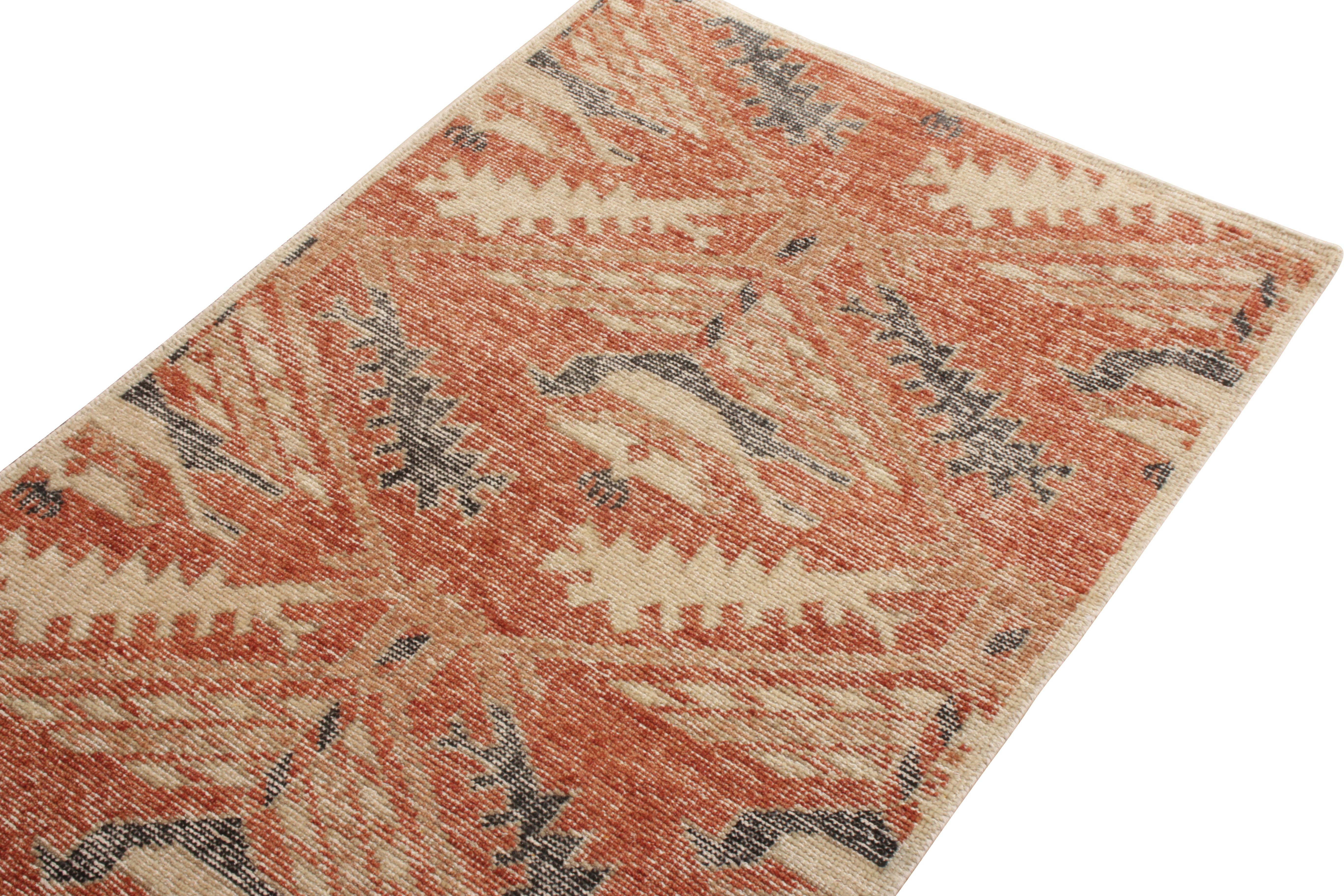 Tribal Rug & Kilim’s Distressed Style Runner in Orange-Red, Blue Geometric Pattern For Sale