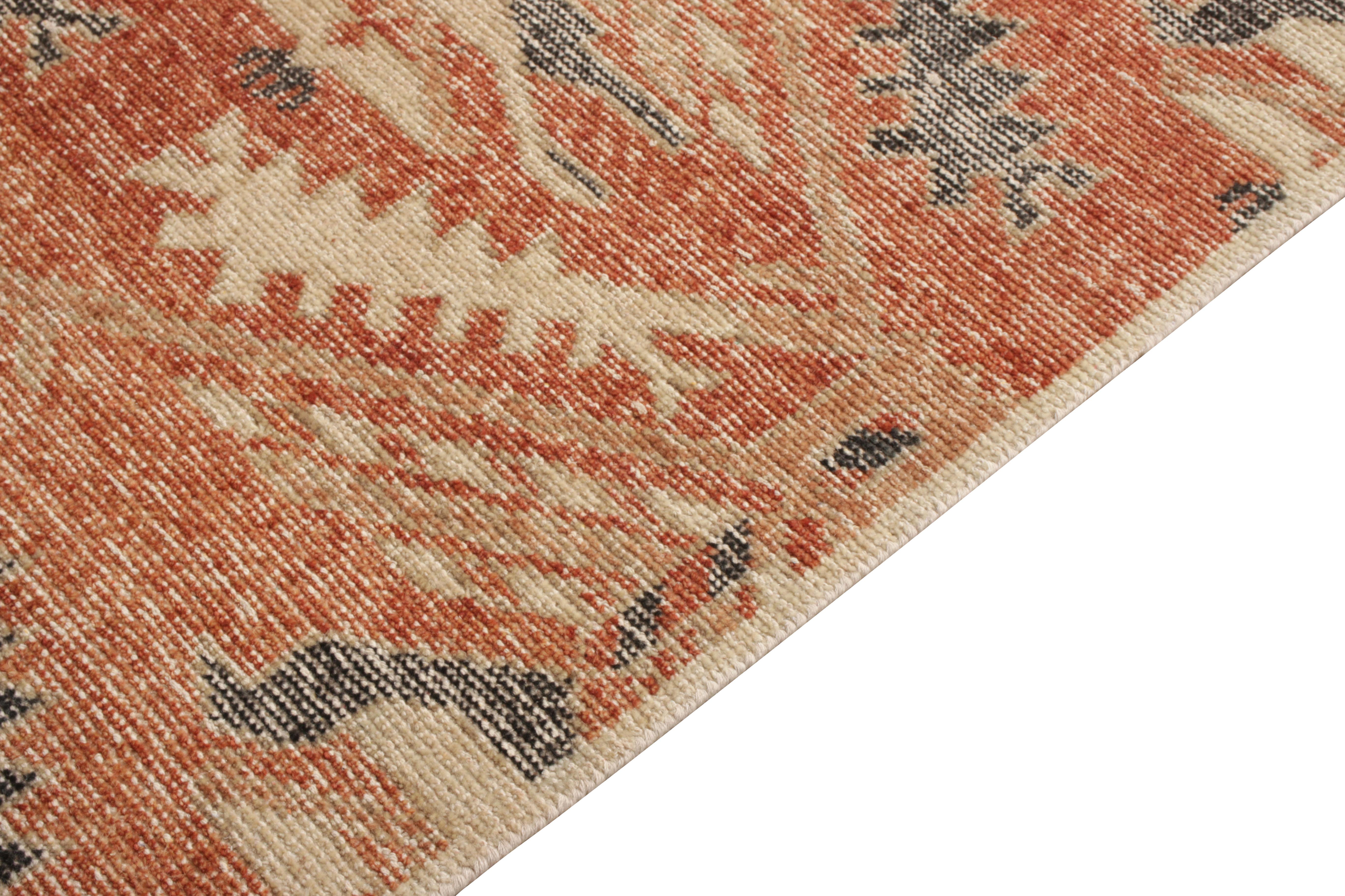 Indian Rug & Kilim’s Distressed Style Runner in Orange-Red, Blue Geometric Pattern For Sale