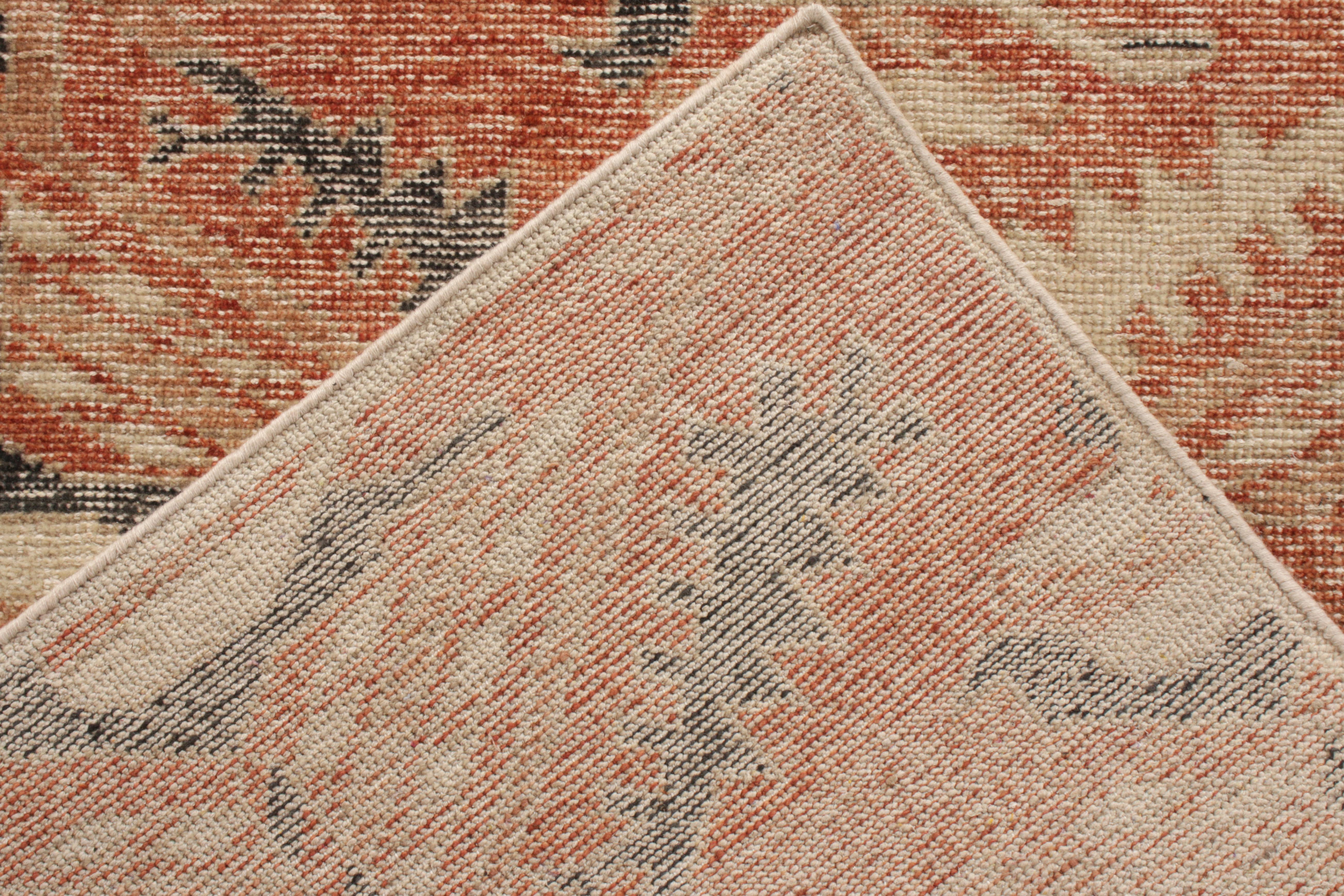 Hand-Knotted Rug & Kilim’s Distressed Style Runner in Orange-Red, Blue Geometric Pattern For Sale