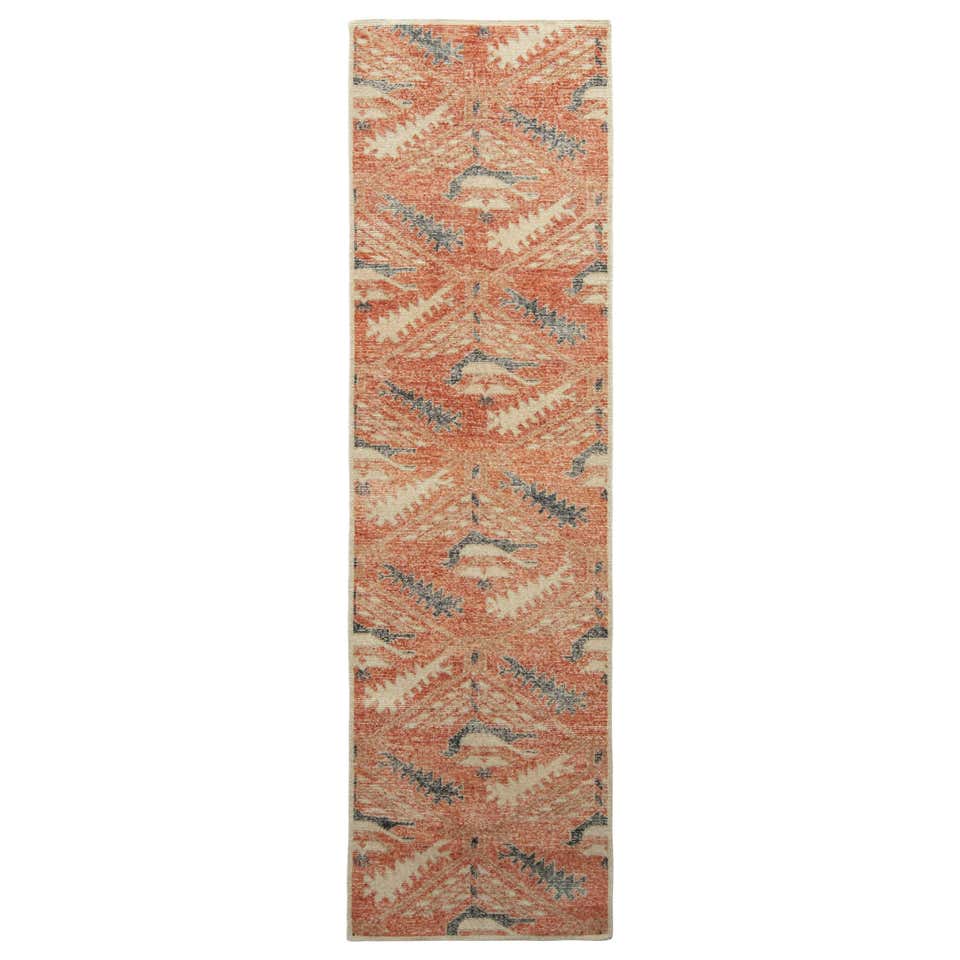 Modern Turkish Kilim Runner Rug with Orange and Navy Tiles Pattern For ...