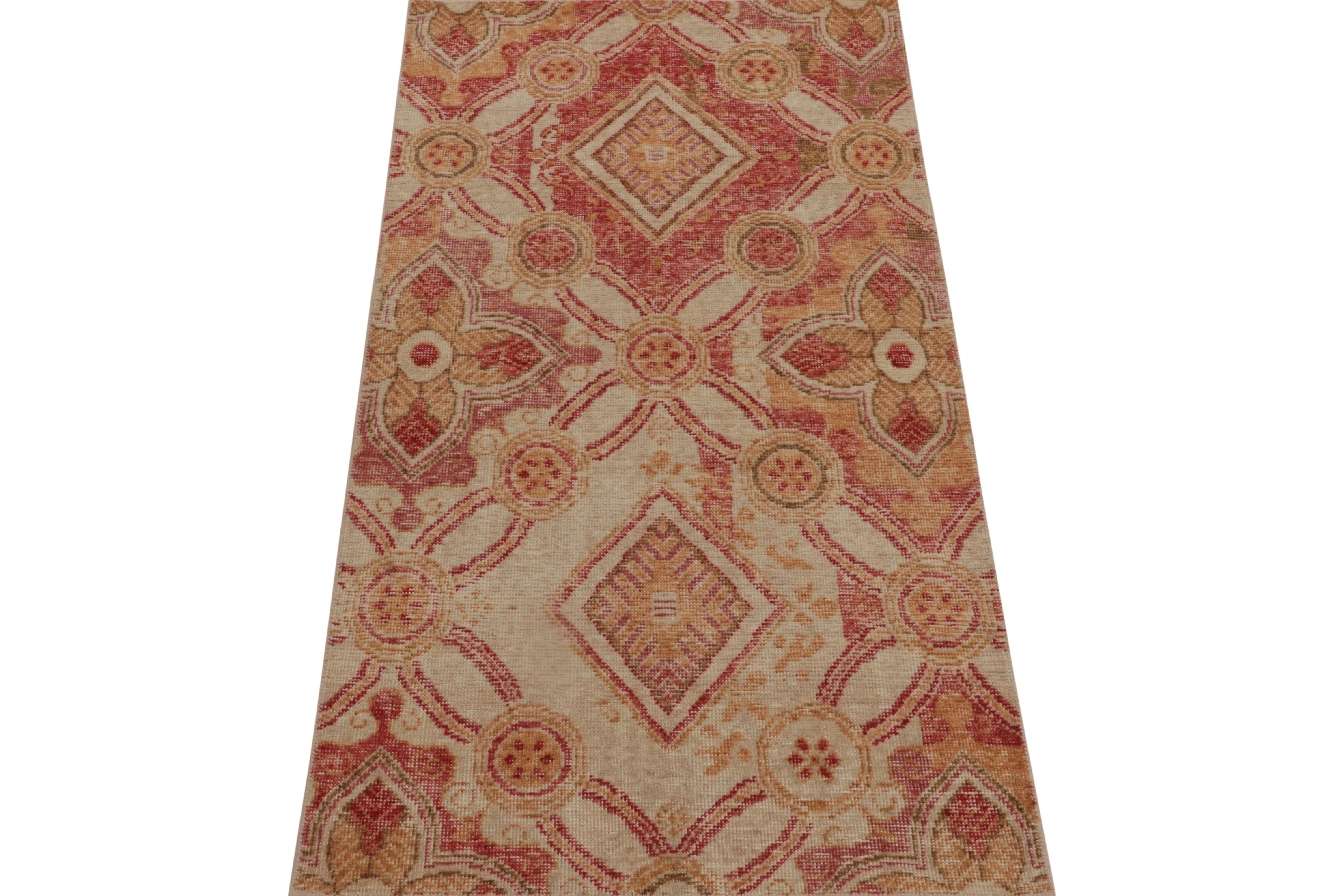 Indian Rug & Kilim’s Distressed Style Runner in Red, Gold and Beige-Brown Trellises For Sale