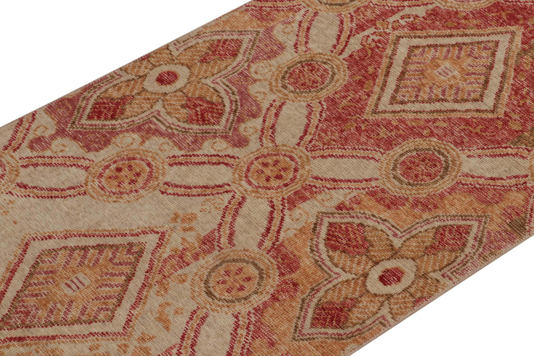 Hand-Knotted Rug & Kilim’s Distressed Style Runner in Red, Gold and Beige-Brown Trellises For Sale