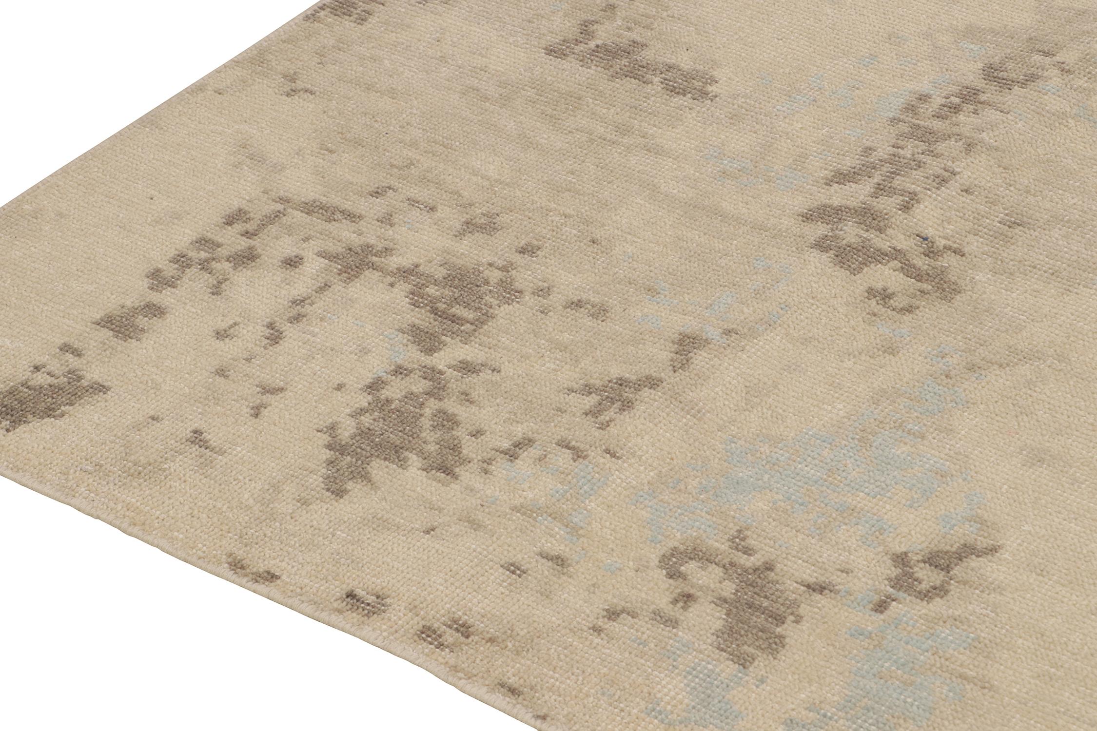 Hand-Knotted Rug & Kilim’s Distressed style Square Abstract rug in Beige-Brown and Blue For Sale