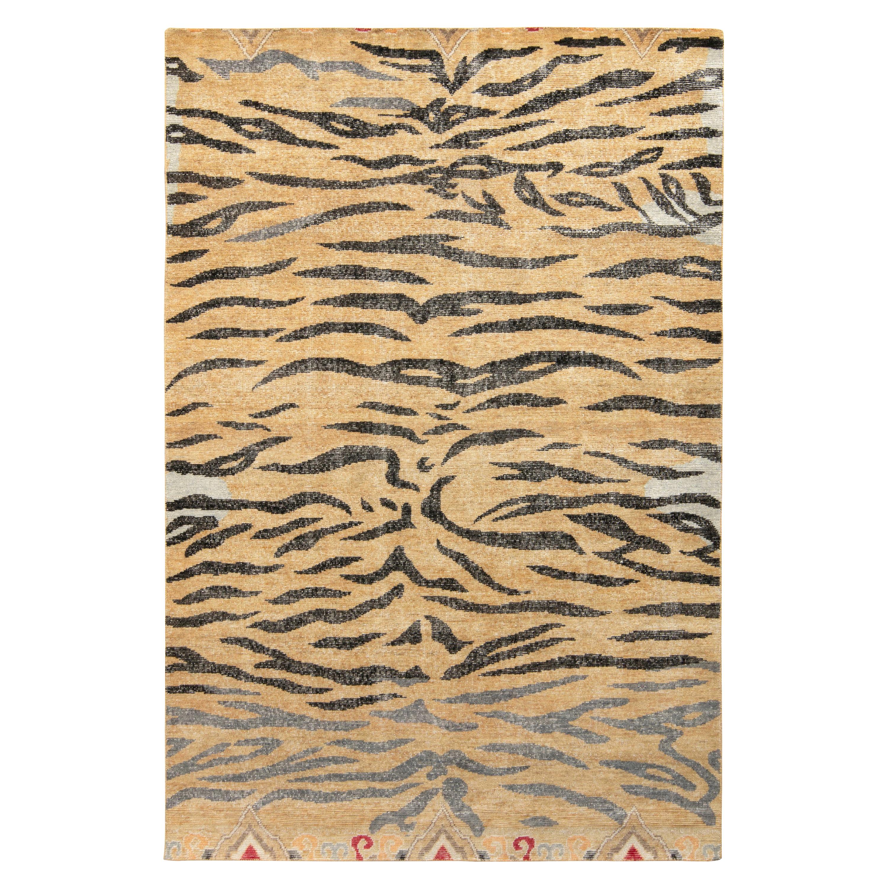 Rug & Kilim’s Distressed Style Tiger Rug in Beige-Brown, Black Pelt Pattern For Sale