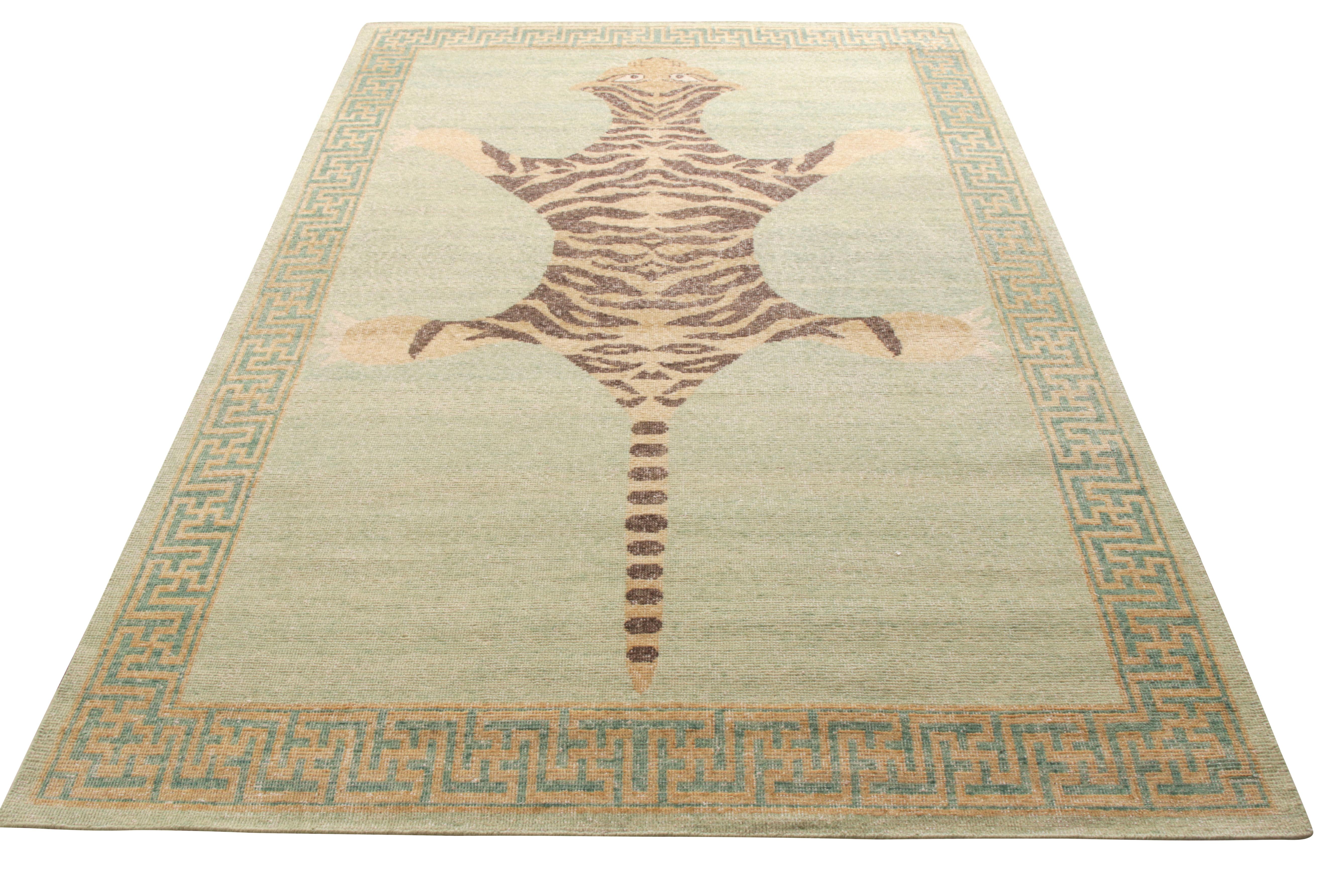 Hand knotted in wool, Rug & Kilim’s distressed take on classic Indian tiger styles joining its Homage Collection. A 6x9 ode imbibing a regal vibe with a pictorial representation of a tiger skin, flourishing across the length in clean and defined