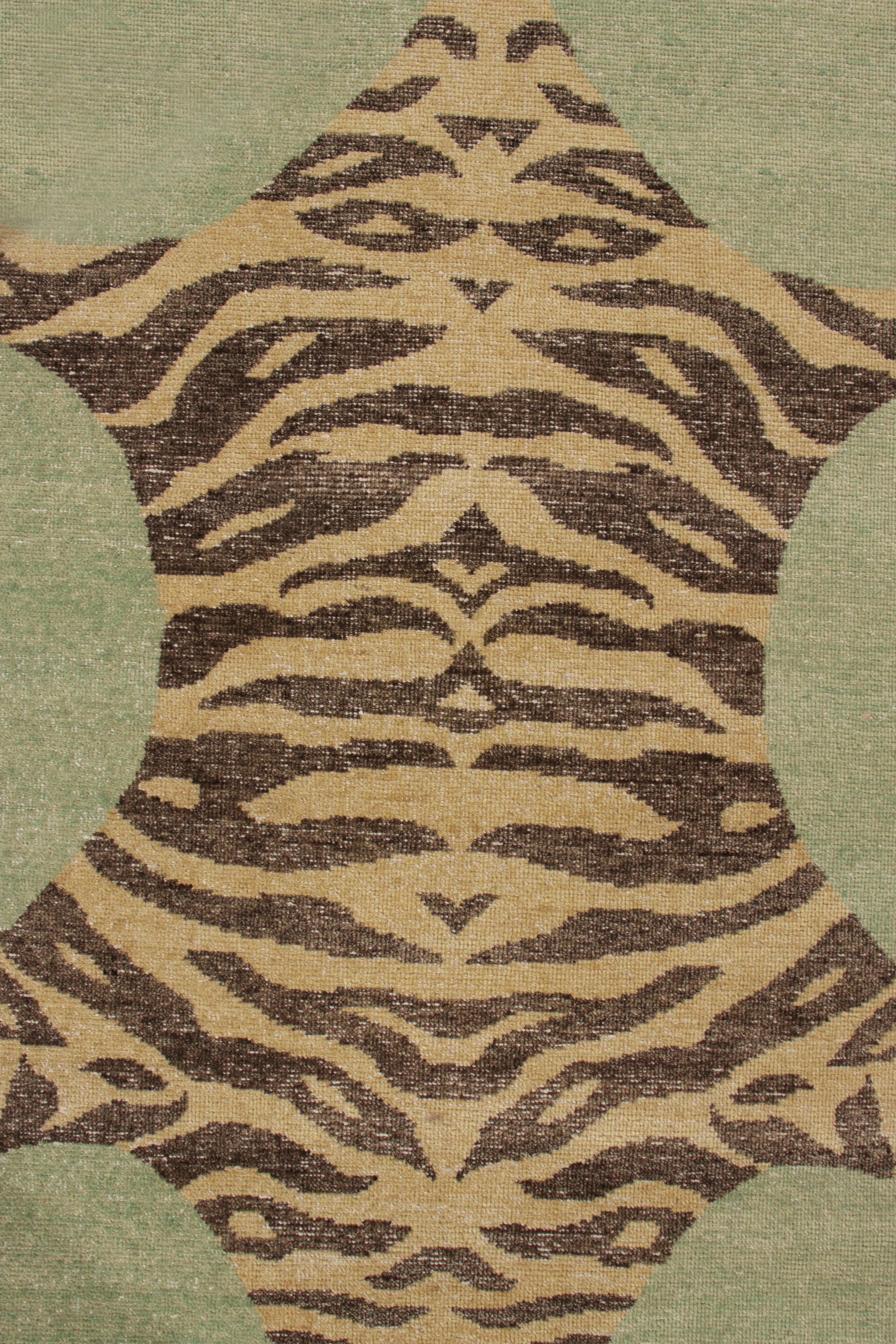 Other Rug & Kilim’s Distressed Style Tiger Rug in Green, Pictorial Pattern For Sale