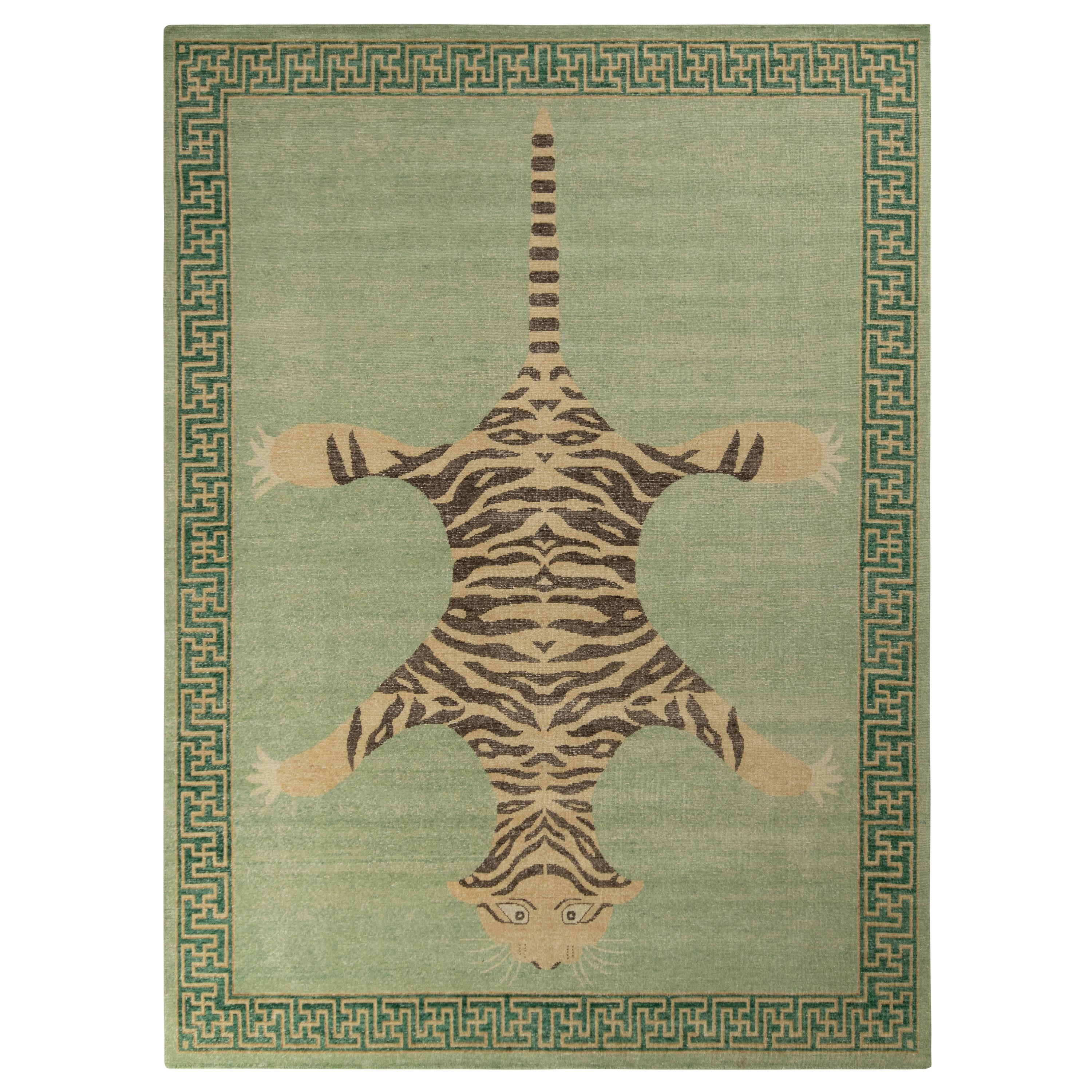 Rug & Kilim’s Distressed Style Tiger Rug in Green, Pictorial Pattern