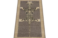 Rug & Kilim’s Distressed Style Tiger Runner in Gray, Beige and Black Pictorial