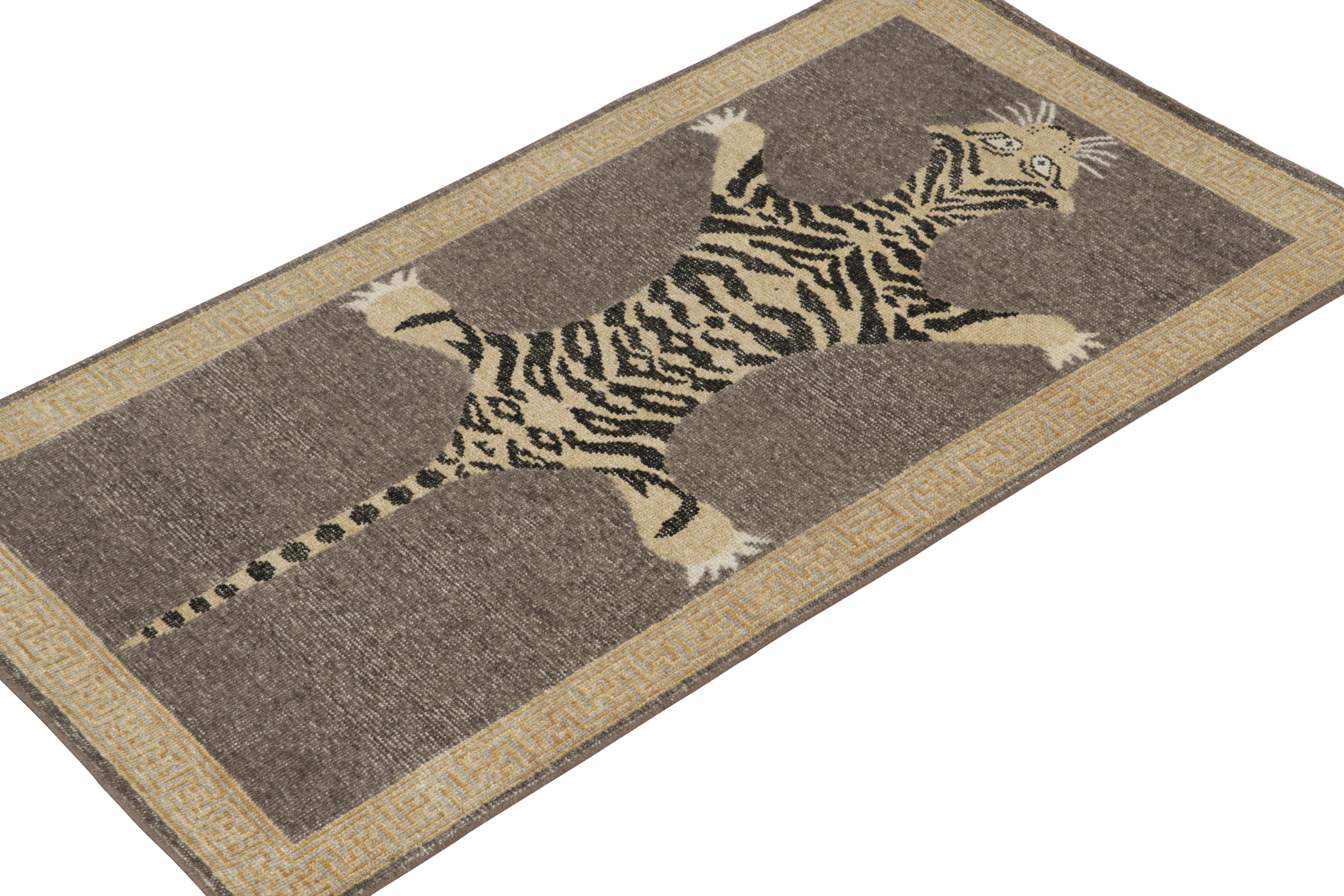 Indian Rug & Kilim’s Distressed Style Tiger Runner in Gray, Beige and Black Pictorial For Sale